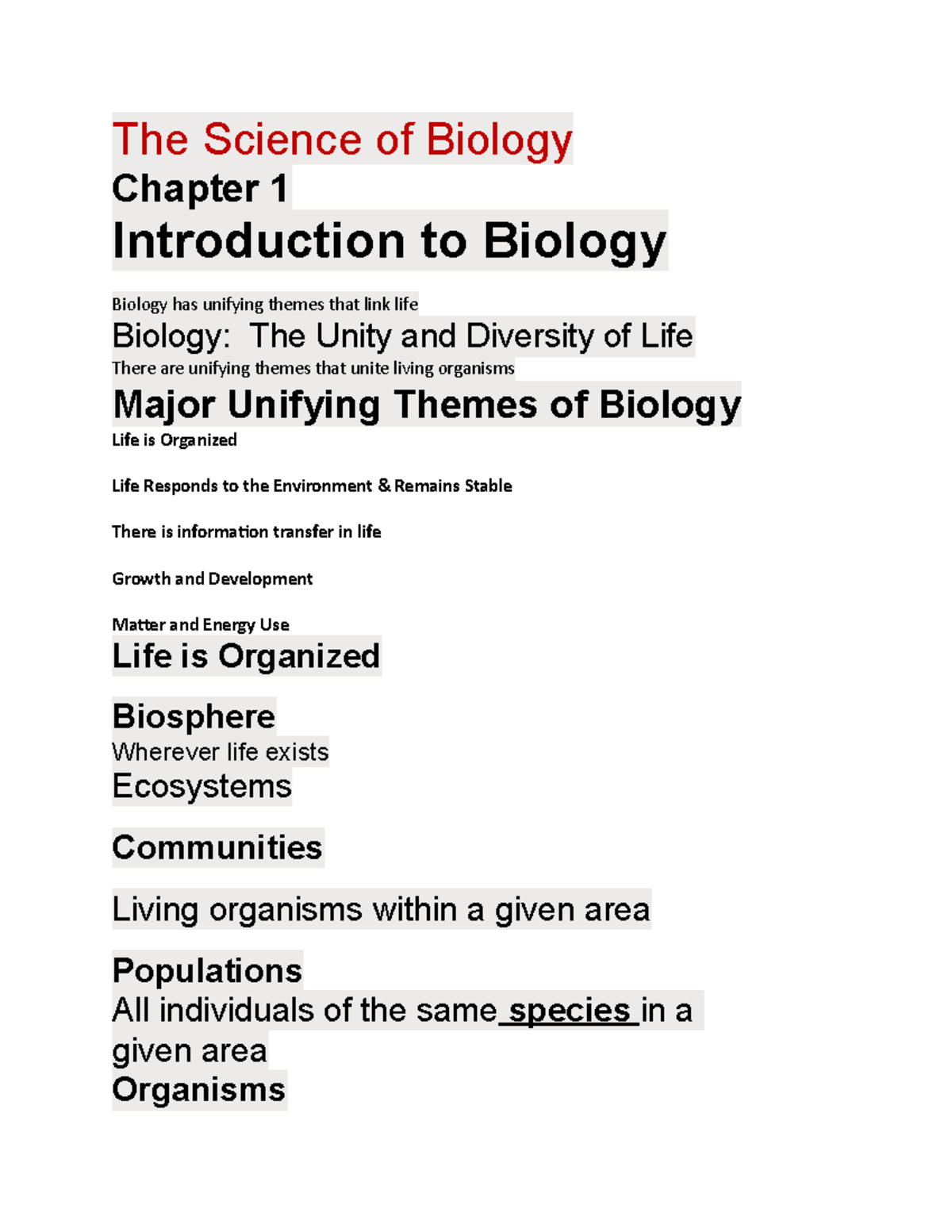 The Science Of Biology - Notes - The Science Of Biology Chapter 1 