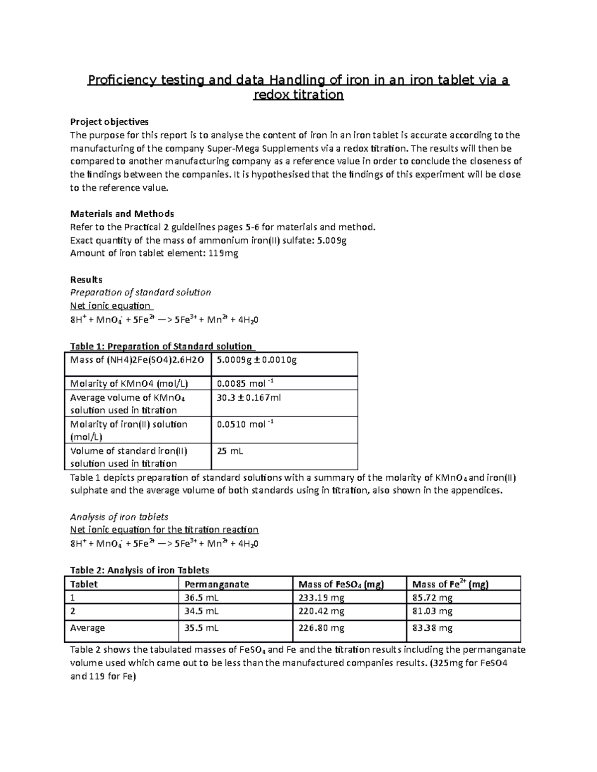 Lab report 2 final - Proficiency testing and data Handling of iron in ...