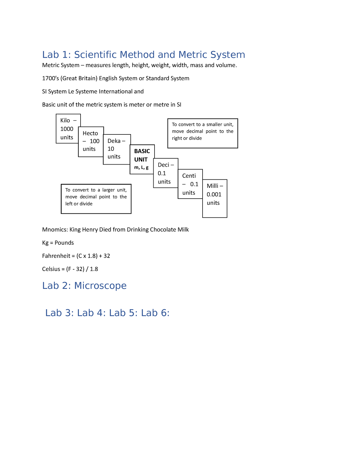 Lab Notes - Lab 1: Scientific Method And Metric System Metric System ...