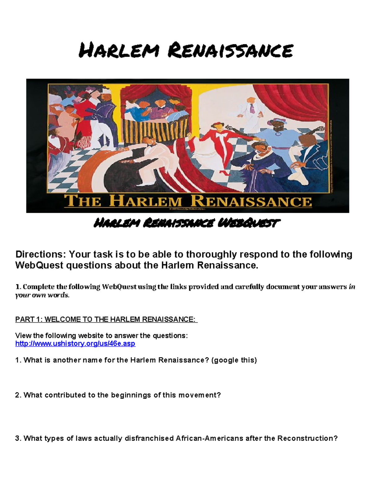 Harlem Renaissance Web Quest - Harlem Renaissance Harlem Renaissance ...