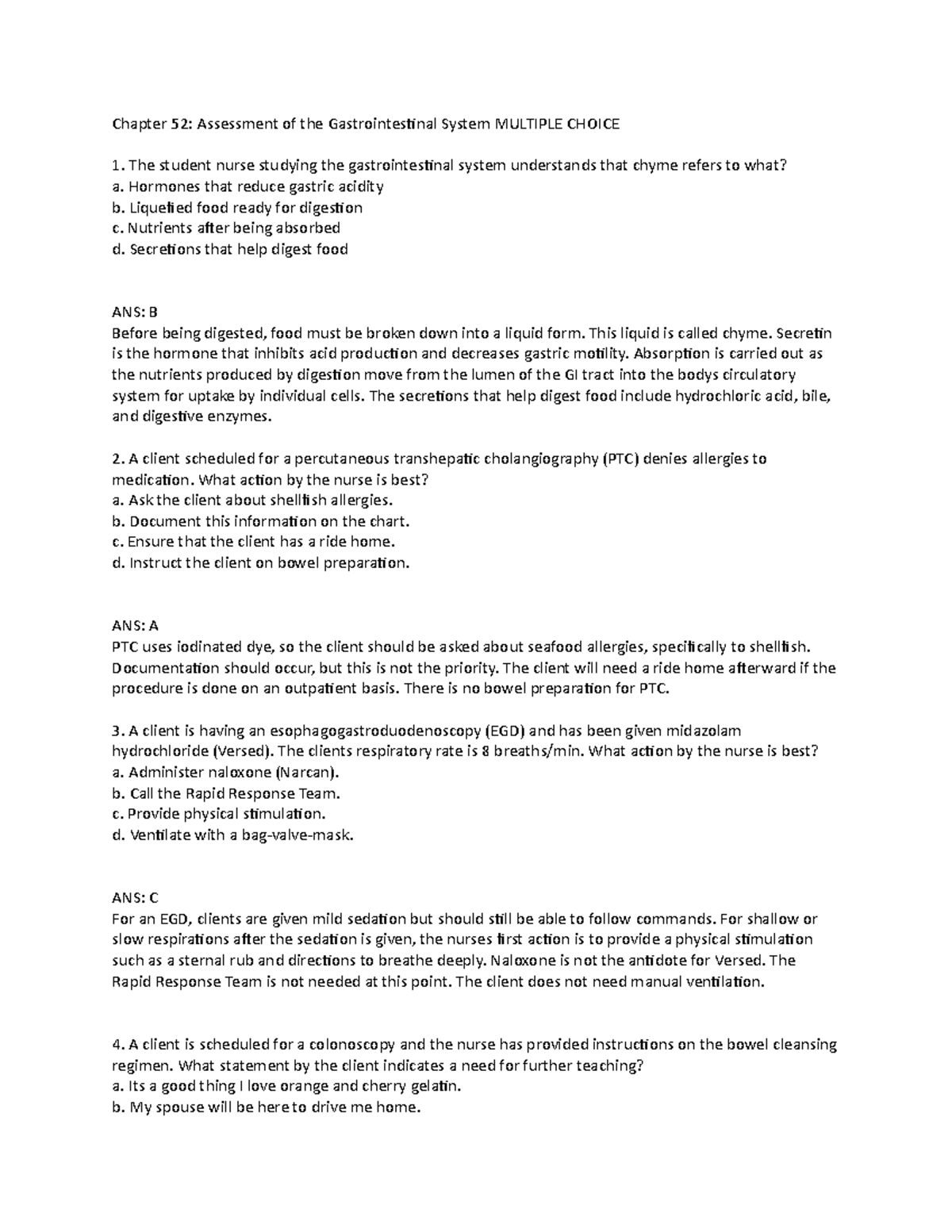 GI Practice Questions Unit 7 - Chapter 52: Assessment Of The ...