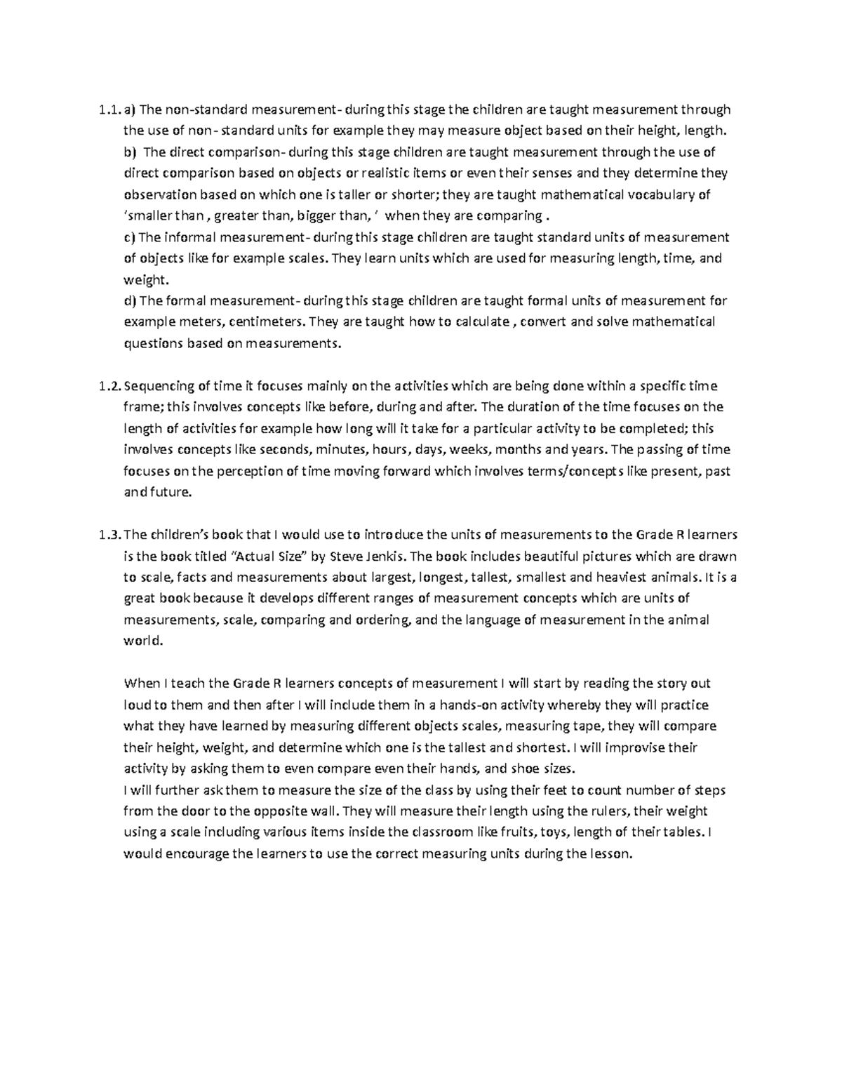 SEQUENCING OF EMERGENT MATHEMATICS - a) The non-standard measurement ...