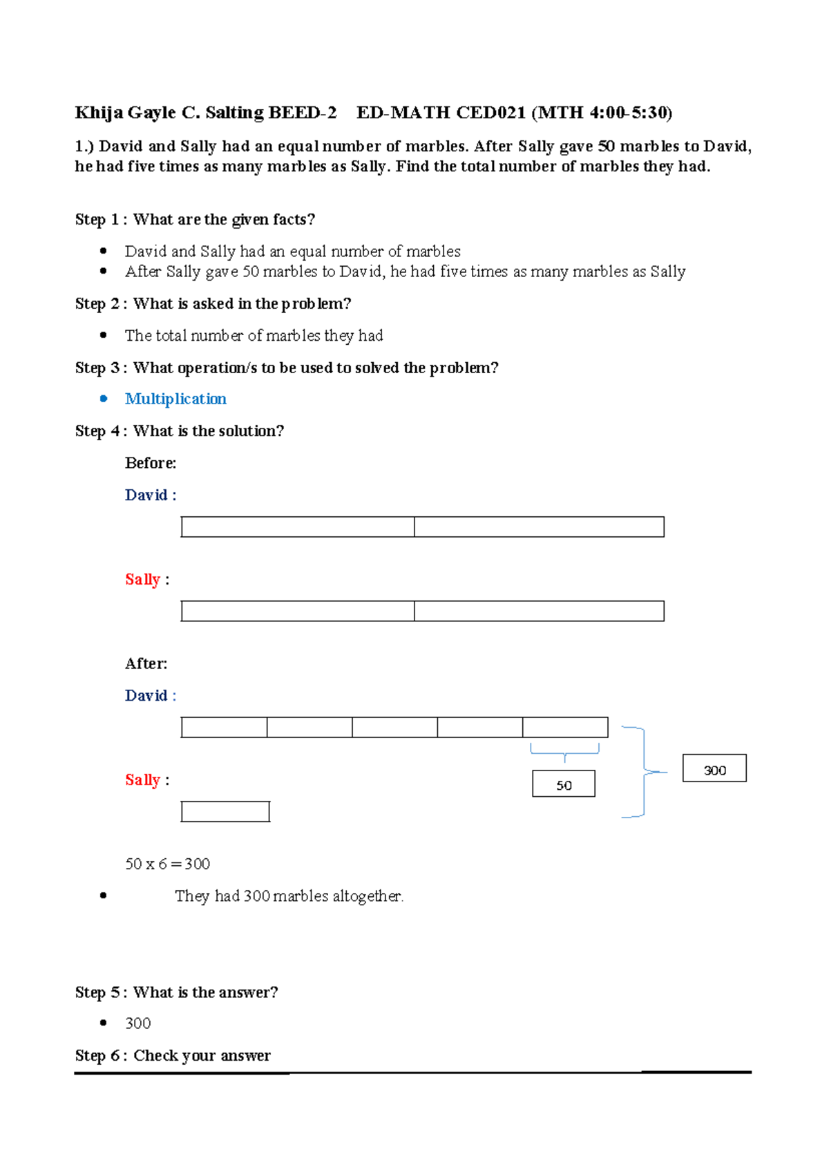 ED-MATH 1 Solving Word Problems - Khija Gayle C. Salting BEED-2 ED-MATH ...