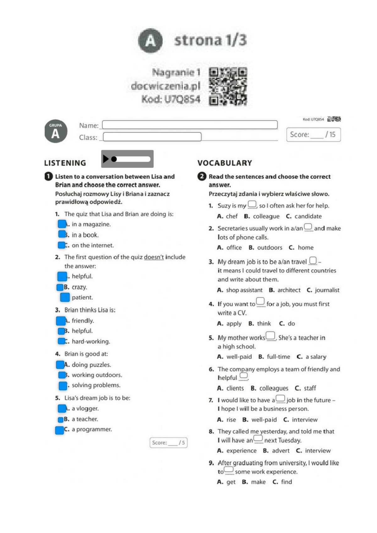 Test U1 Test A Strona Nagranie 1 Docwiczenia Kod U7Q854 Kod U7Q854 
