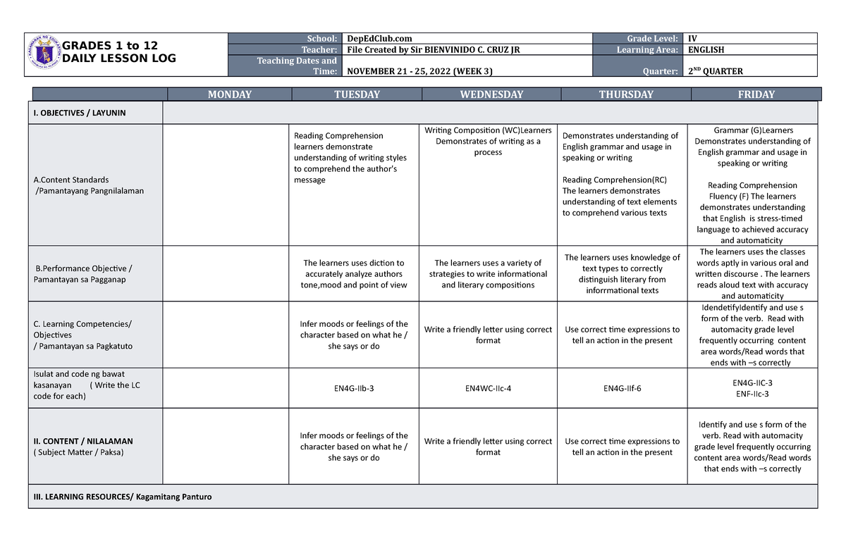 DLL English-4 Q2 W3-1 - Eglish - GRADES 1 To 12 DAILY LESSON LOG School ...