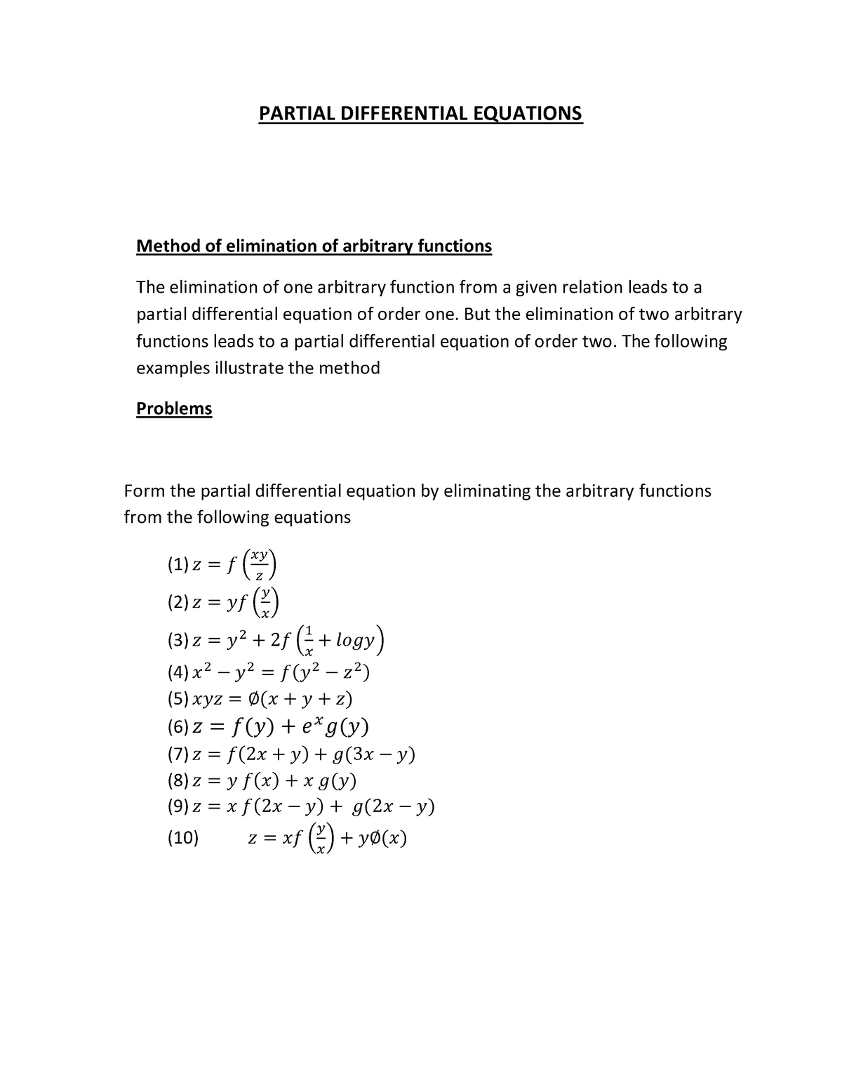 5 Partial Differential Equations Method Of Elimination Of Arbitrary Functions Studocu