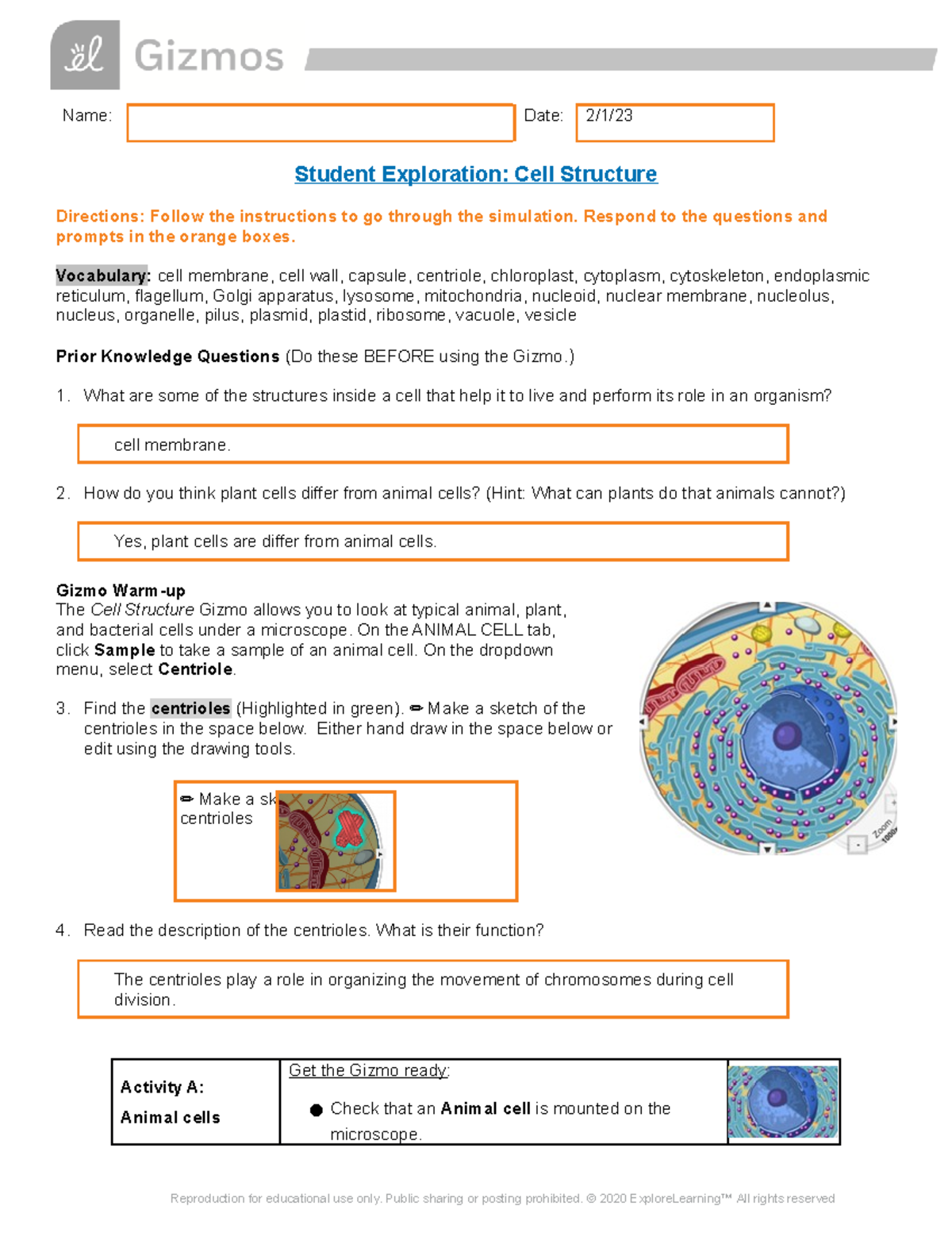 Explore Learning Gizmo - Cell Structure Activity A - Name: Date: 2/1 ...