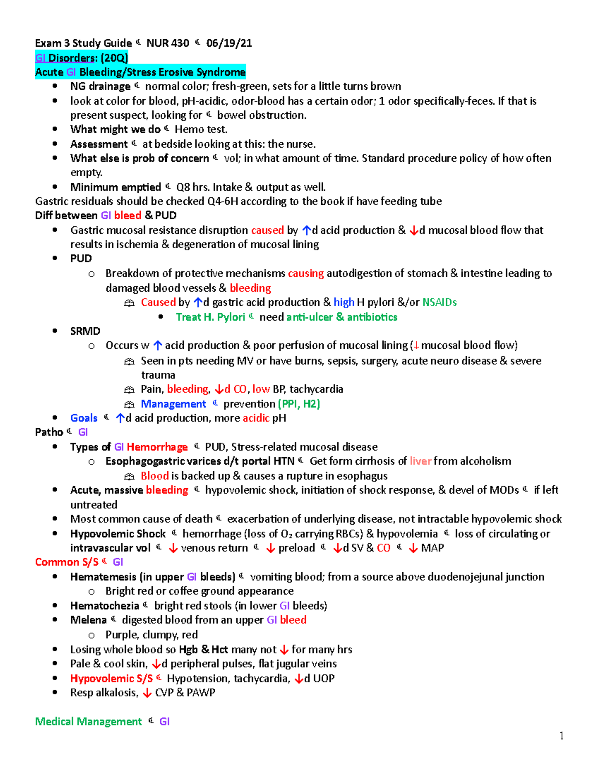 Exam 3 N430 study - Exam 3 Study Guide NUR 430 06/19/ GI Disorders ...