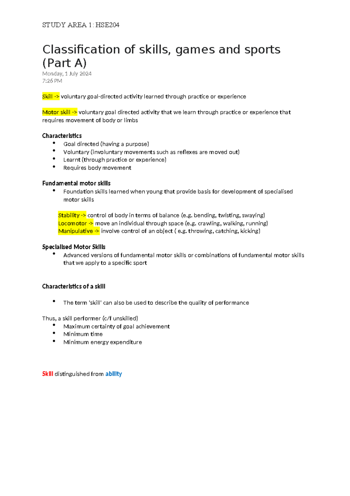 Study Area 1 - Classification of skills, games and sports (Part A ...
