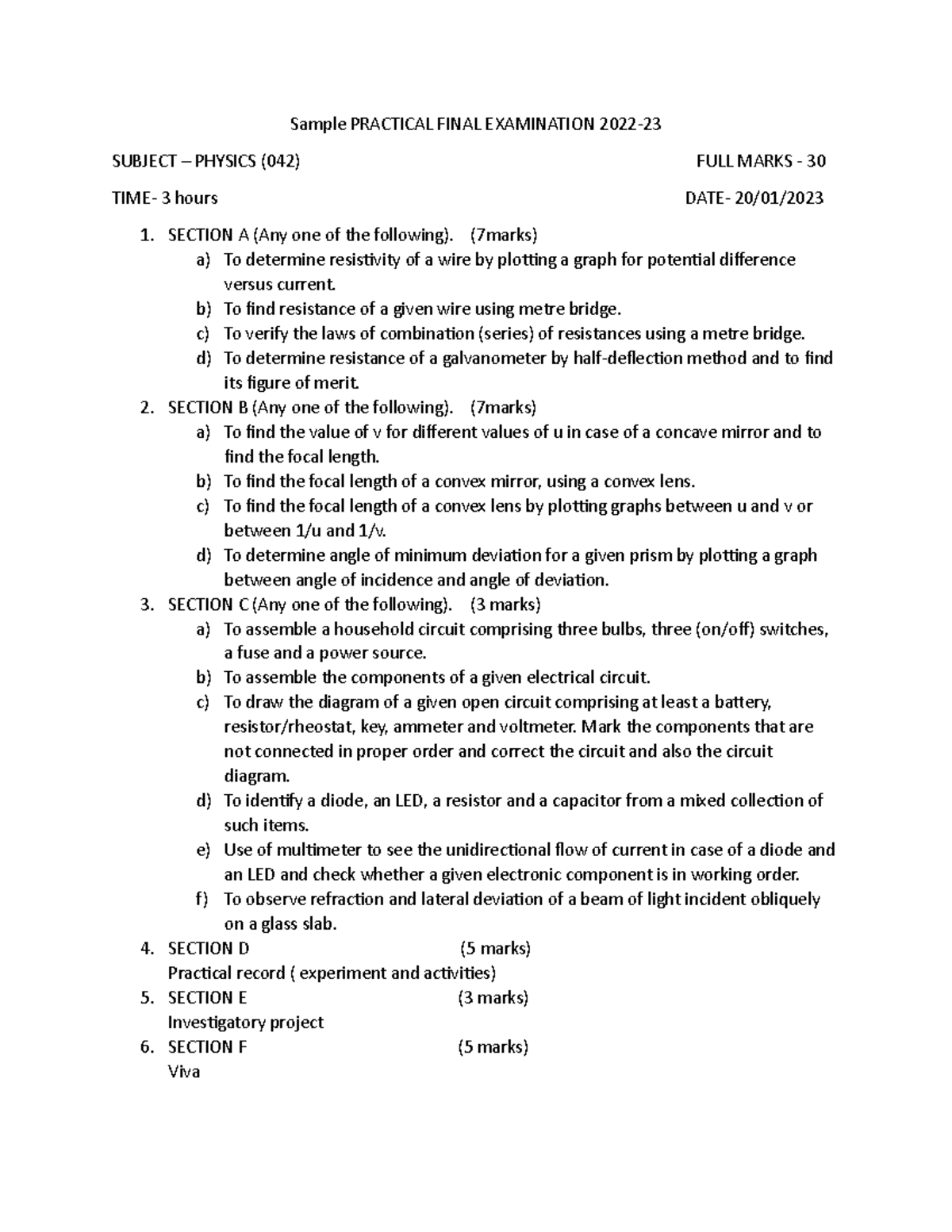 Physics practical exam - Sample PRACTICAL FINAL EXAMINATION 2022 ...