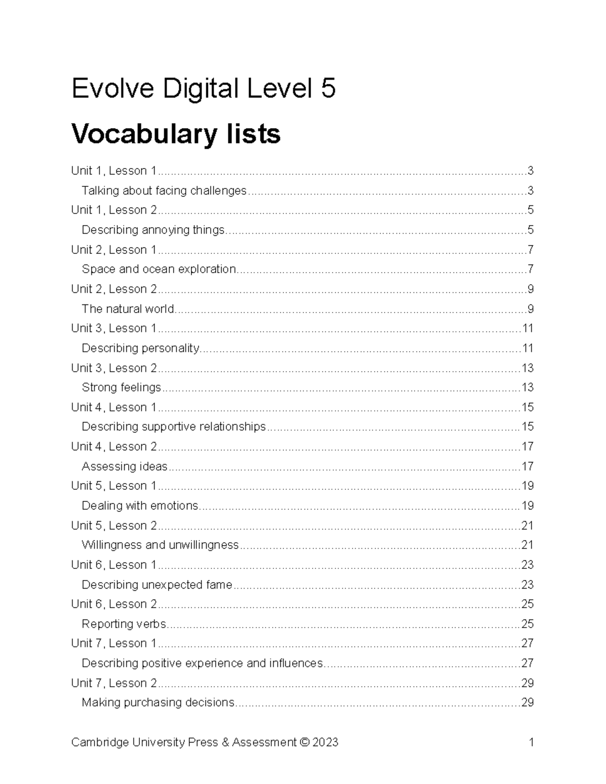Evolve Digital Level 5 Vocabulary lists - Vocabulary lists Evolve ...