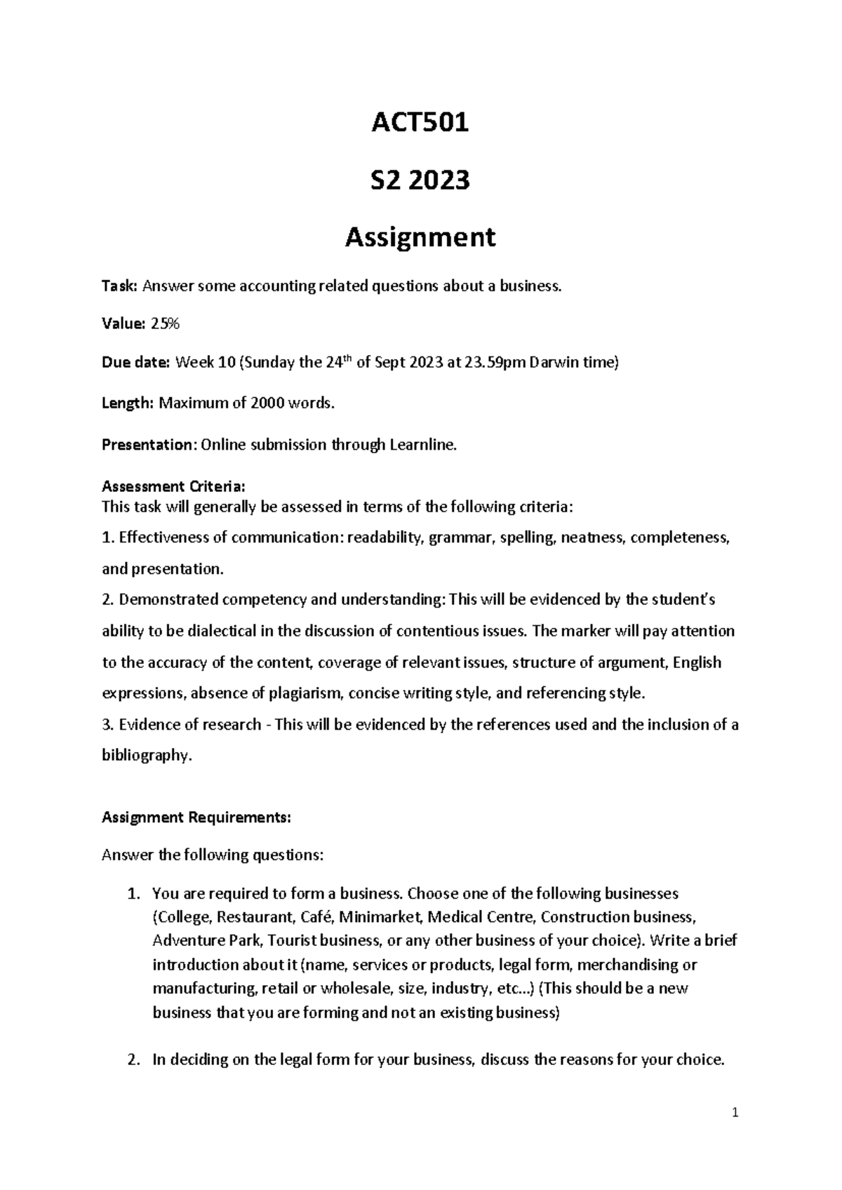 Assignment Semester 01 Act 501 1 Act 501 S 2 2023 Assignment Task