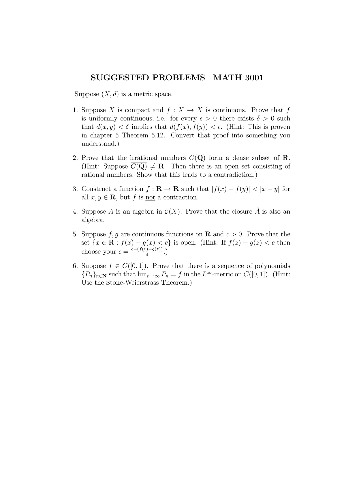 Suggested Problems 10 Suggested Problems Math 3001 Suppose X D Is A Metric Space 1 Suppose X Studocu