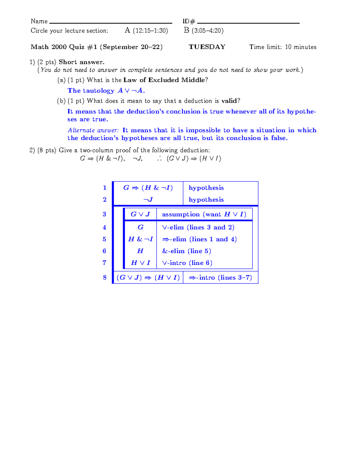 Quiz 1 Questions & Answers - Name Circle your lecture section: A (12:15 ...