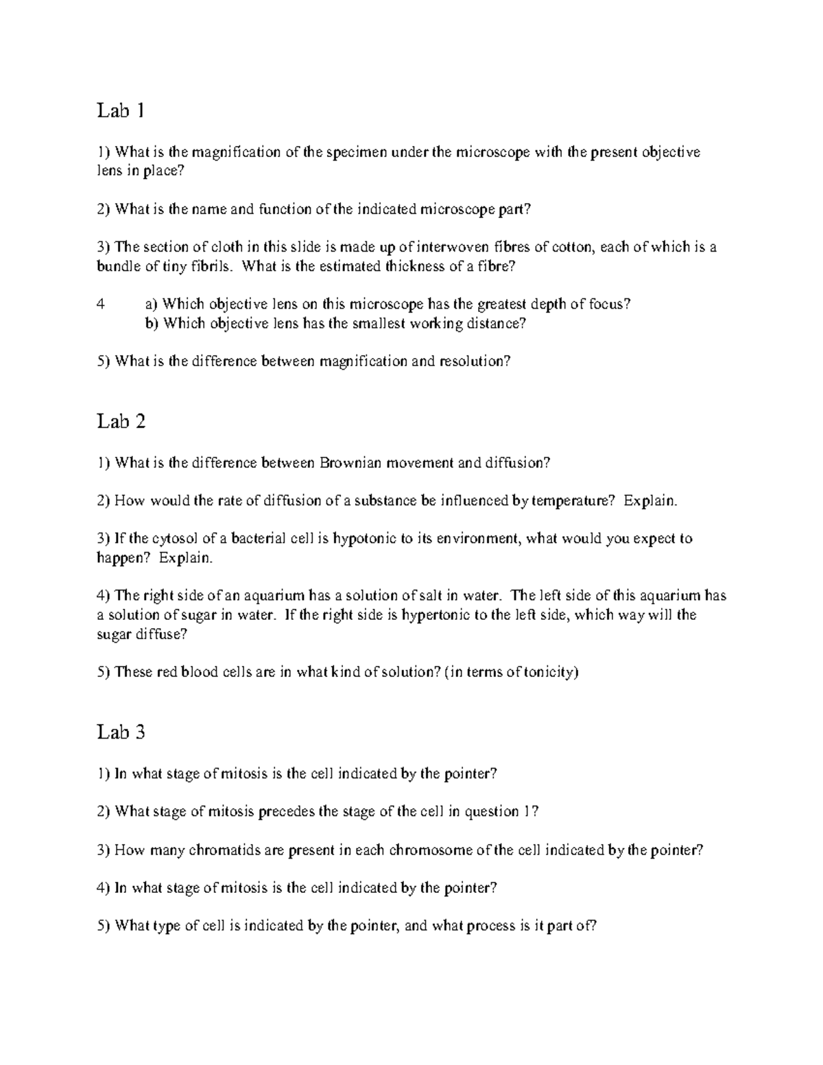 BIOL 201 lab 1-5 exit questions - Lab 1 What is the magnification of ...