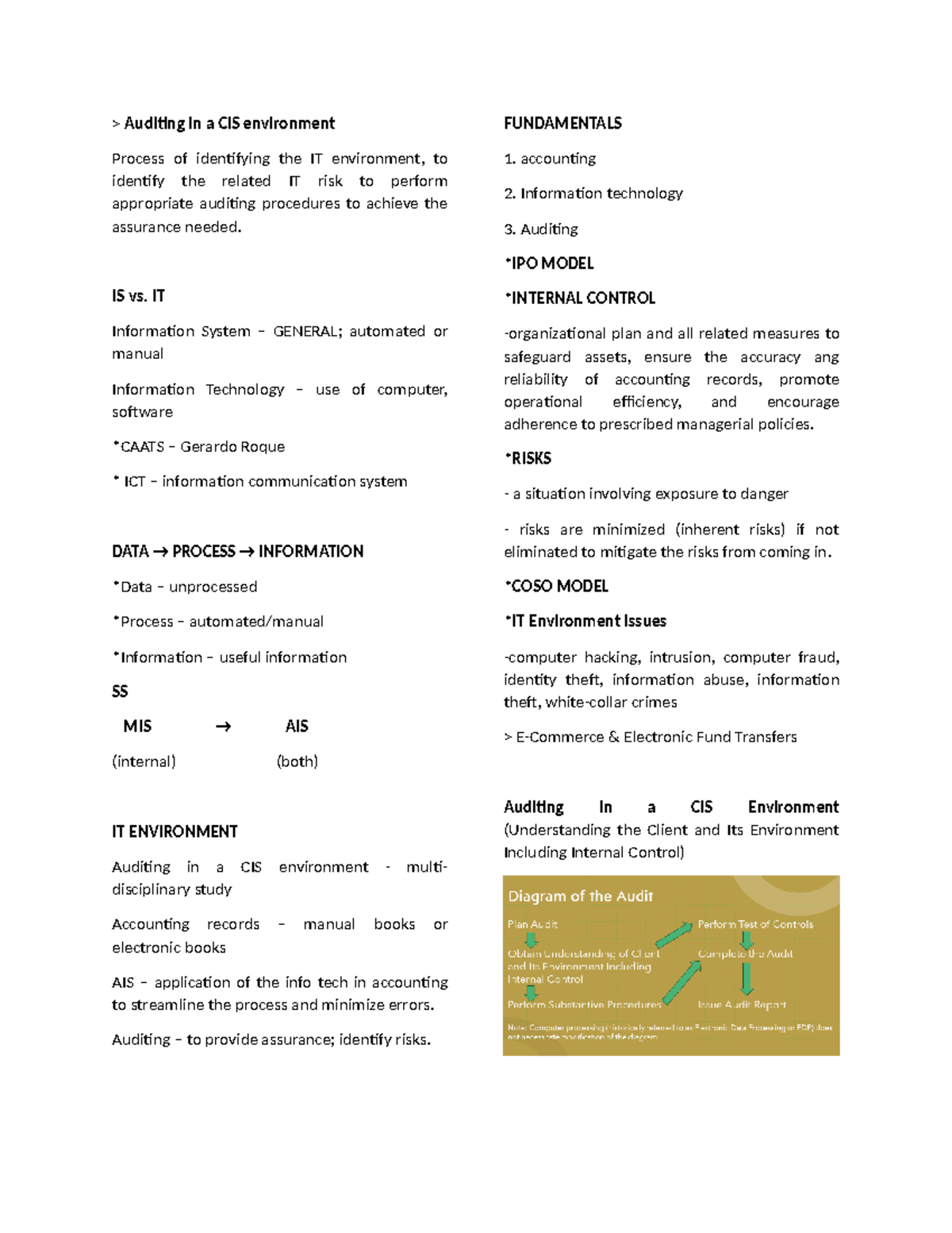 CIS - Notes - > Auditing in a CIS environment Process of identifying ...