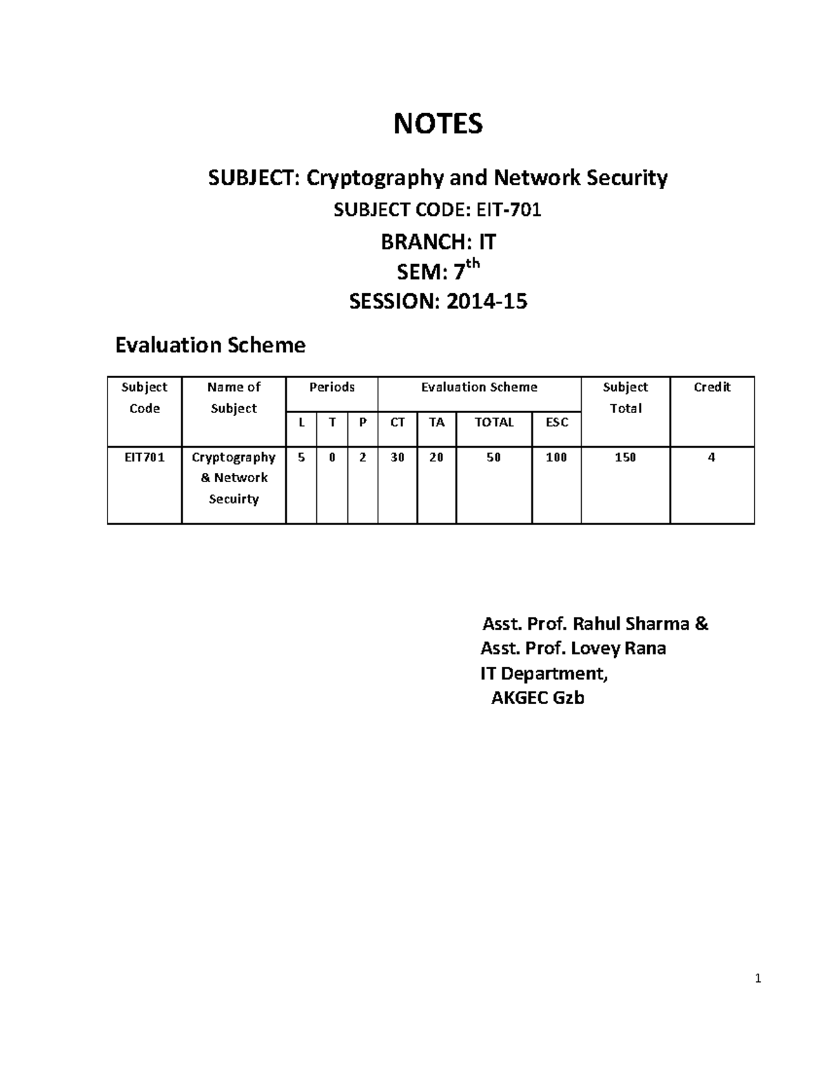 Network-security-notes - NOTES SUBJECT: Cryptography and Network