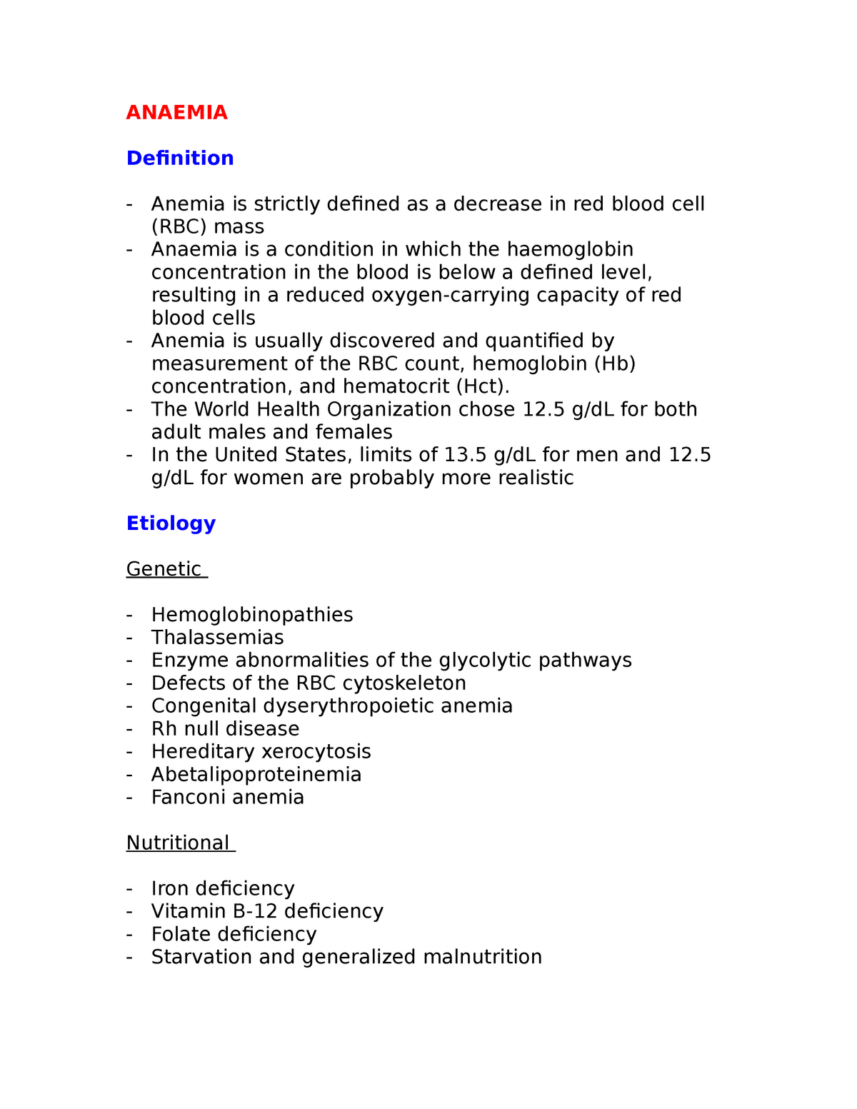 Anaemia Lecture notes 12 ANAEMIA Definition Anemia is strictly