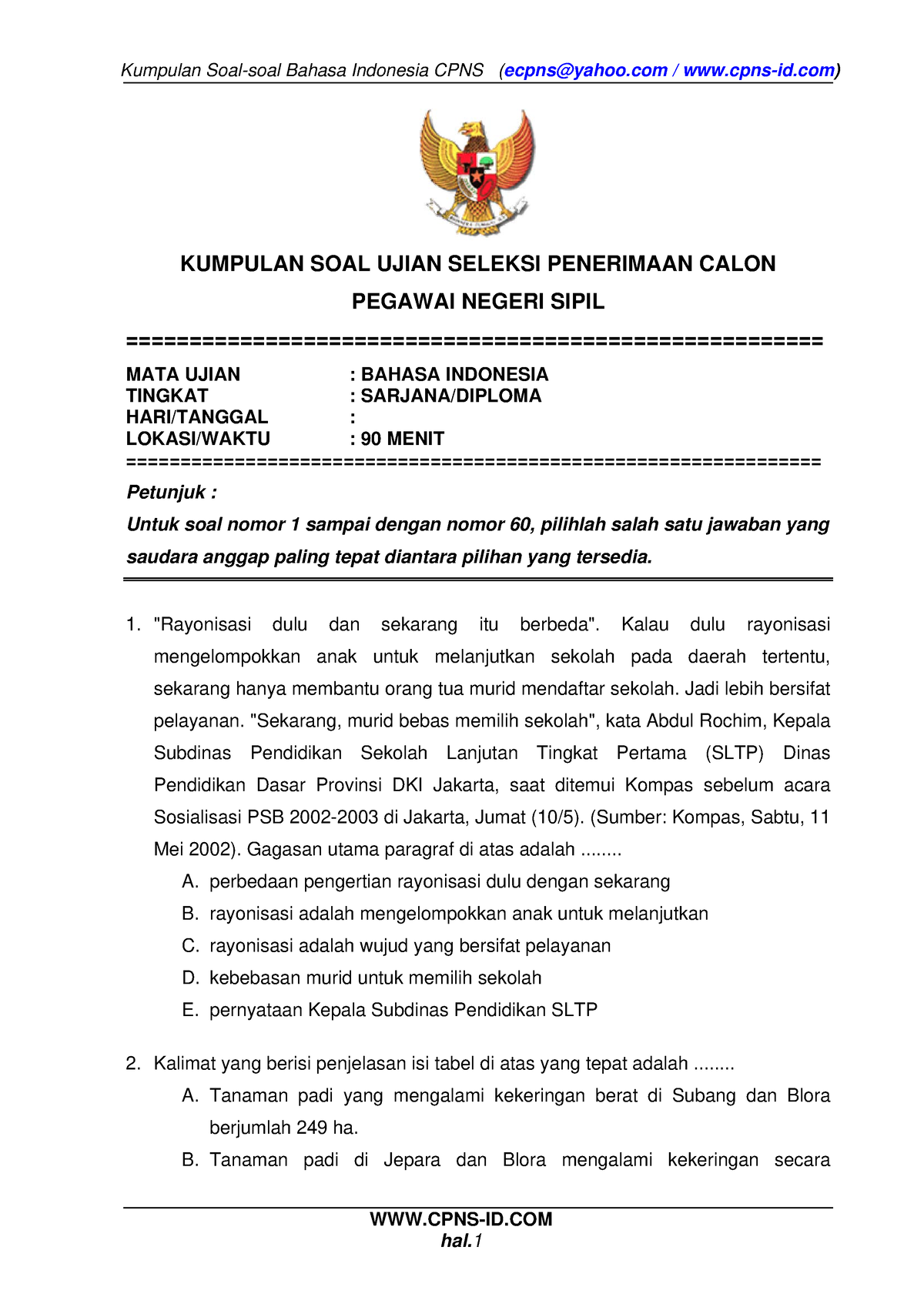 1 Soalbindonesiabonus (datadikdasmen - KUMPULAN SOAL UJIAN SELEKSI ...