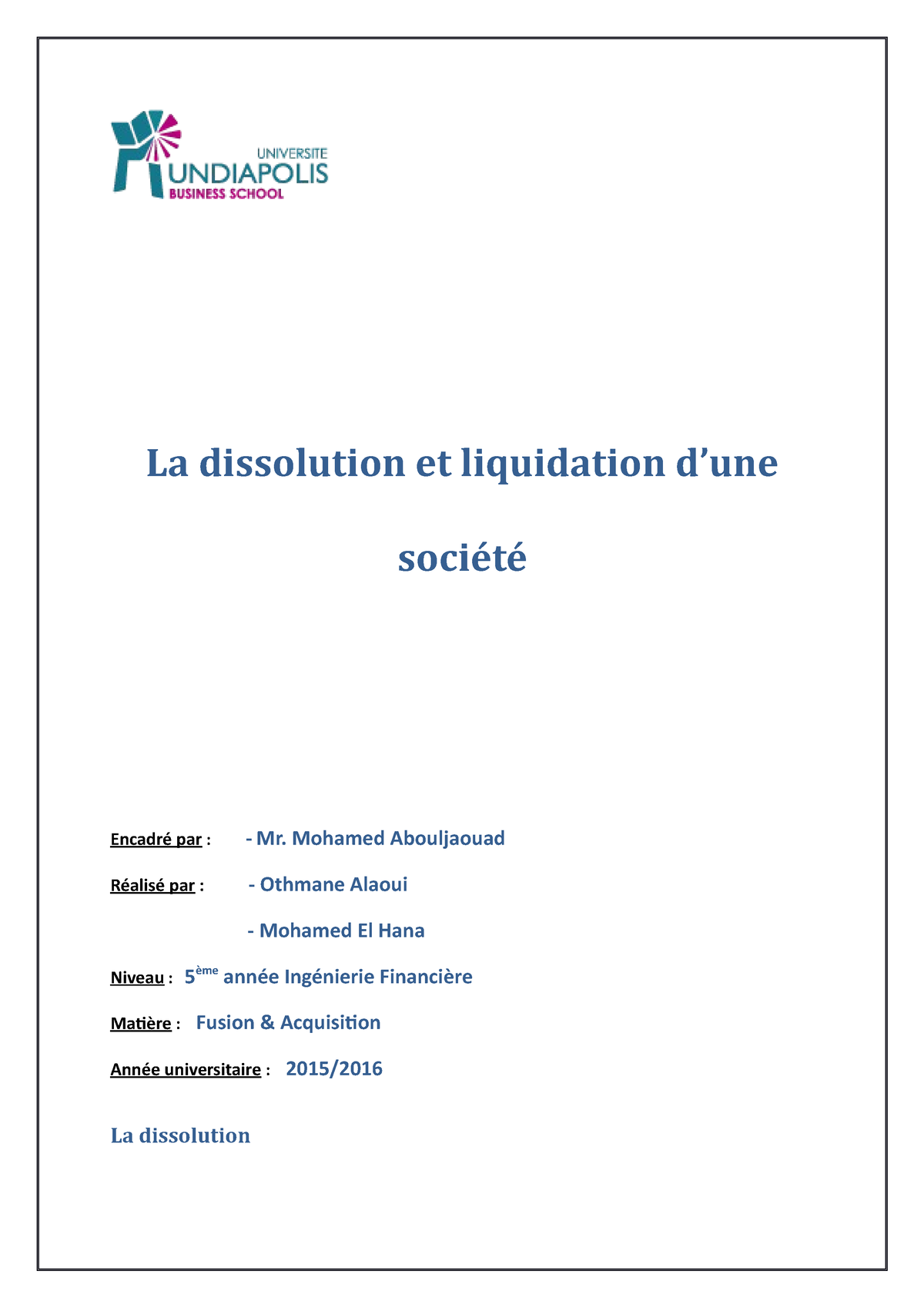 La Dissolution Et Liquidation Des Sociétés - La Dissolution Et ...