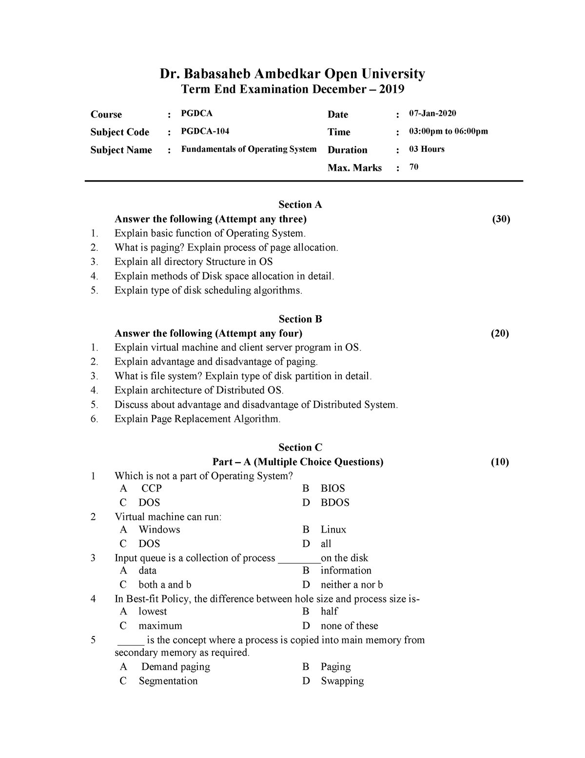 Paper 4 - Dr. Babasaheb Ambedkar Open University Term End Examination ...