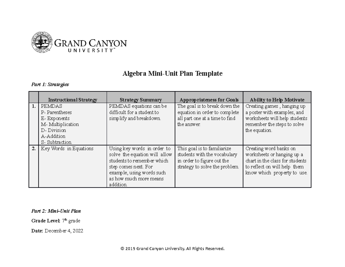 SPD-470-D-T7-Algebra Unit Plan BAR Template - Algebra Mini-Unit Plan ...