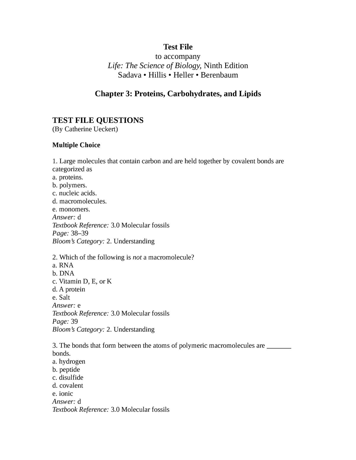 Chapter 3 Test Bank Test File to Life The Science of