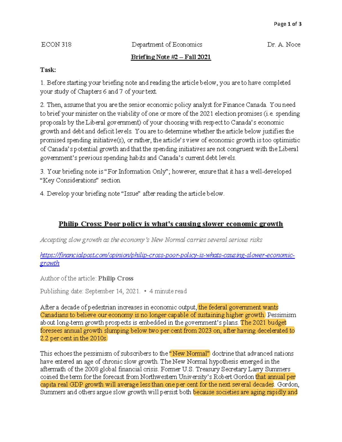 Briefing Note 2 ECON 318 Fall 2021 - Page 1 Of 3 ECON 318 Department Of ...