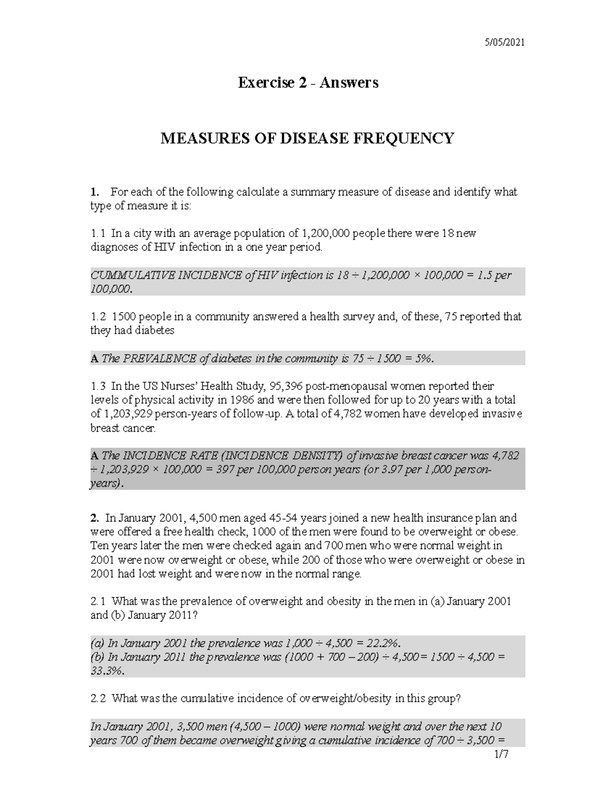 Tutorial Exercise 2 Ans - Exercise 2 - Answers MEASURES OF DISEASE ...