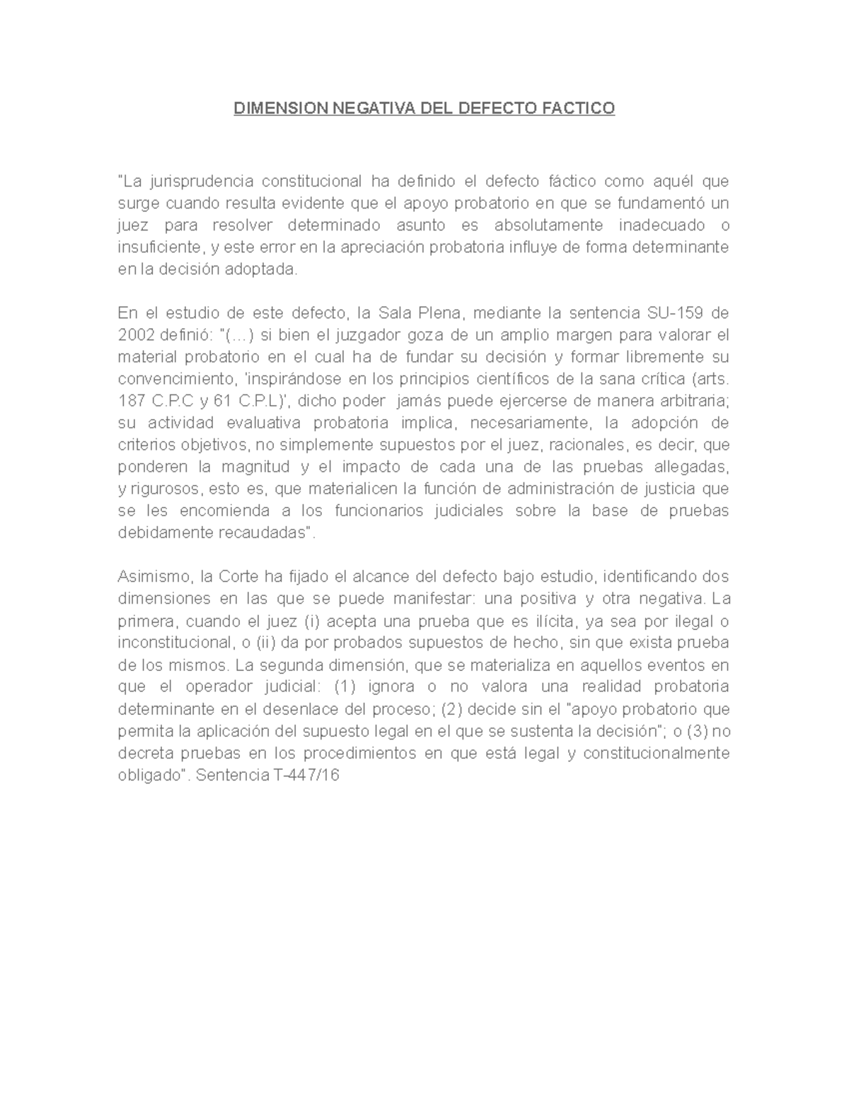 Dimension Negativa DEL Defecto Factico - DIMENSION NEGATIVA DEL DEFECTO ...