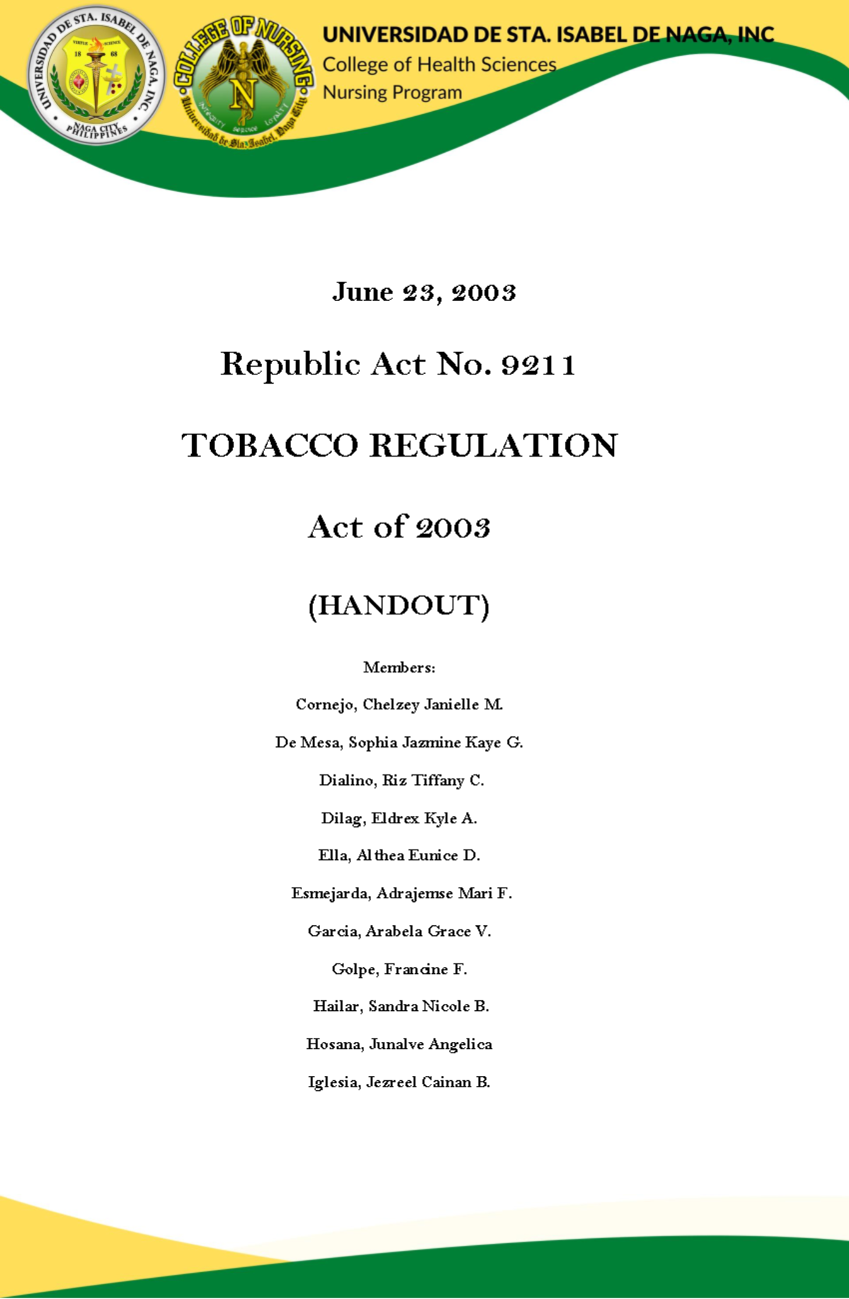 G2 Handout FOR Tobacco ACT AND Children'S Safety ON Motorcycles June