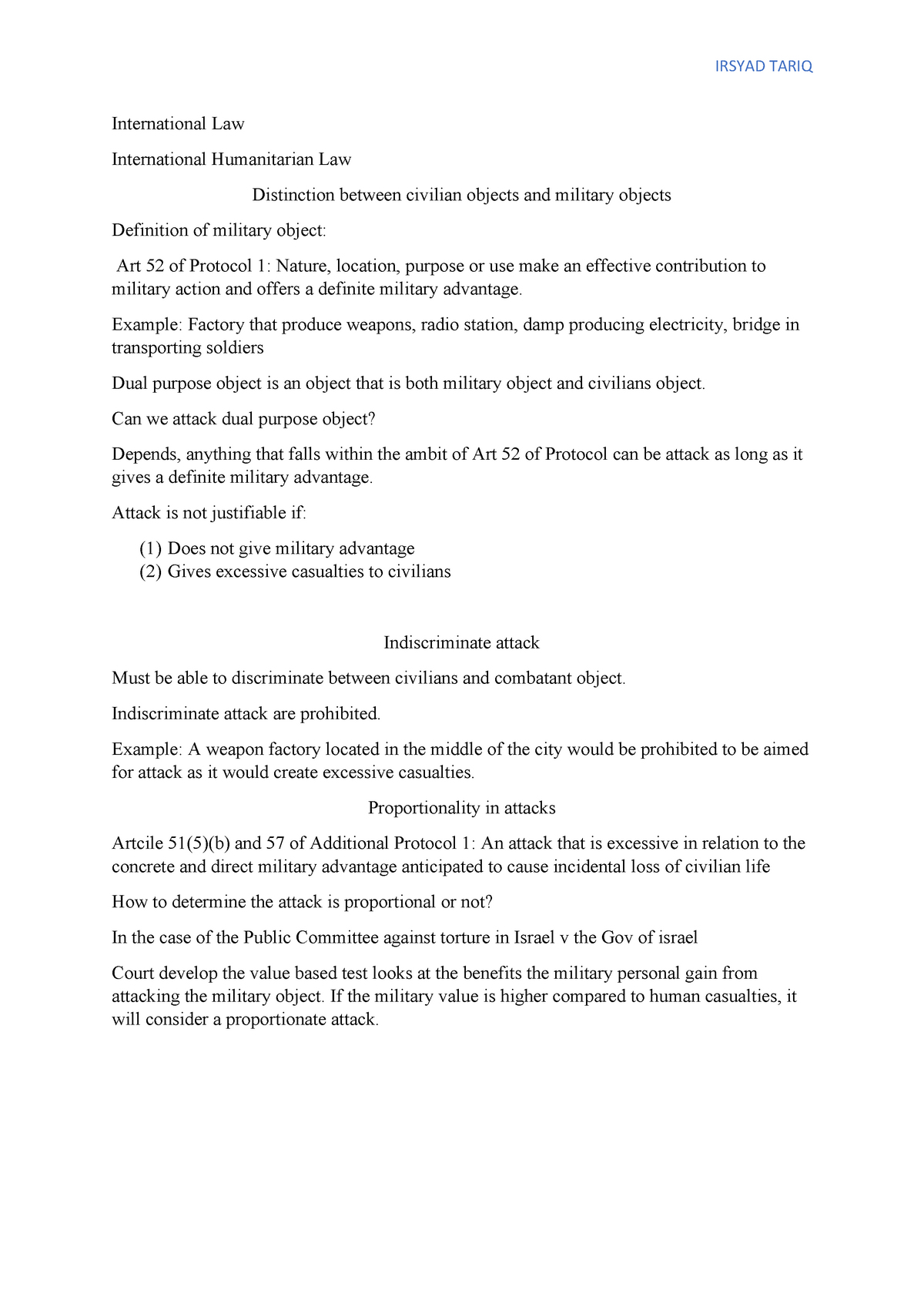 International Law 2 Lecture 11 (tutorial) (International Humanitarian ...