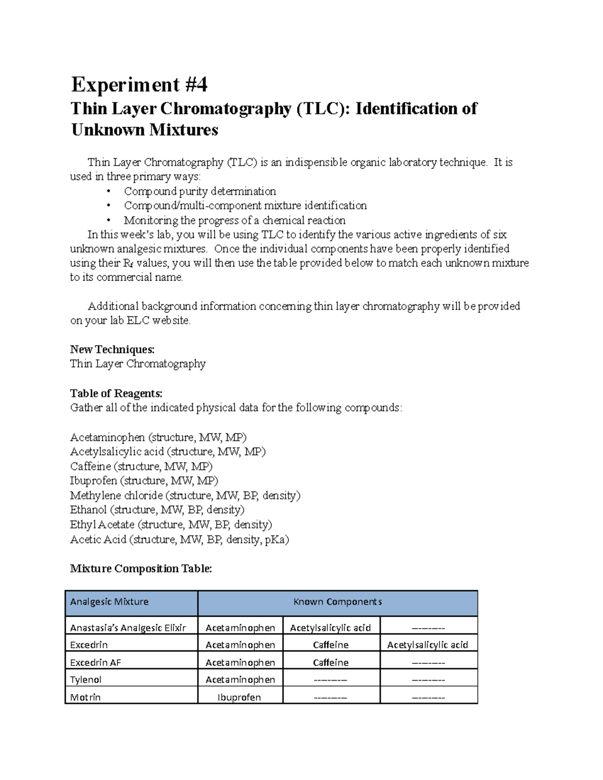 Experiment 4 TLC Analysis Handout Experiment Thin Layer