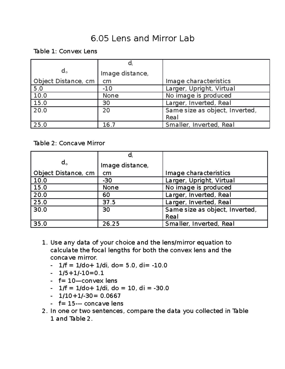 6.05 Lens and Mirror Lab 6 Lens and Mirror Lab Table 1 Convex Lens do Object Distance, cm di