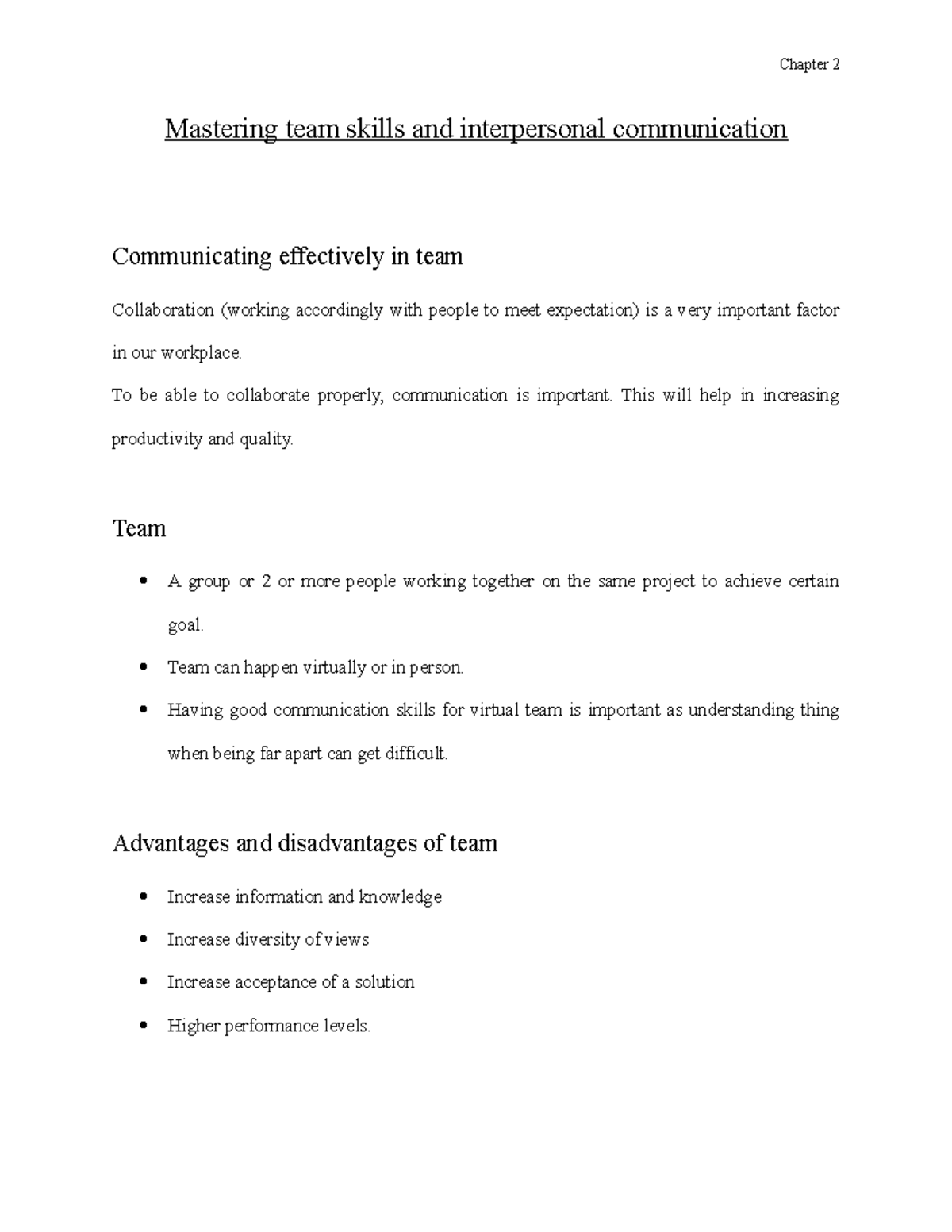 Communication chapter 2 - Chapter 2 Mastering team skills and ...