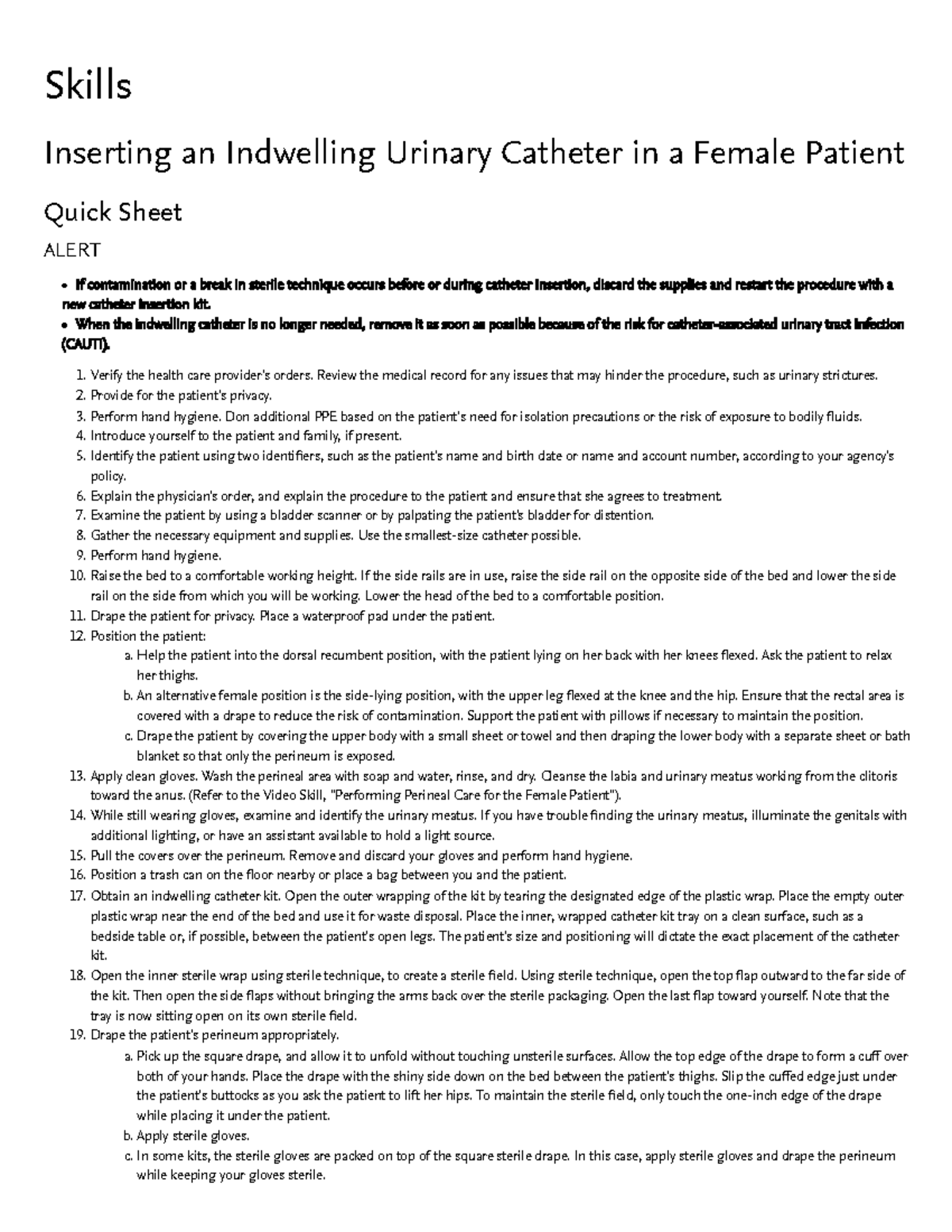 Elsevier female catheter Skills Inserting an Indwelling Urinary Catheter in a Female Patient