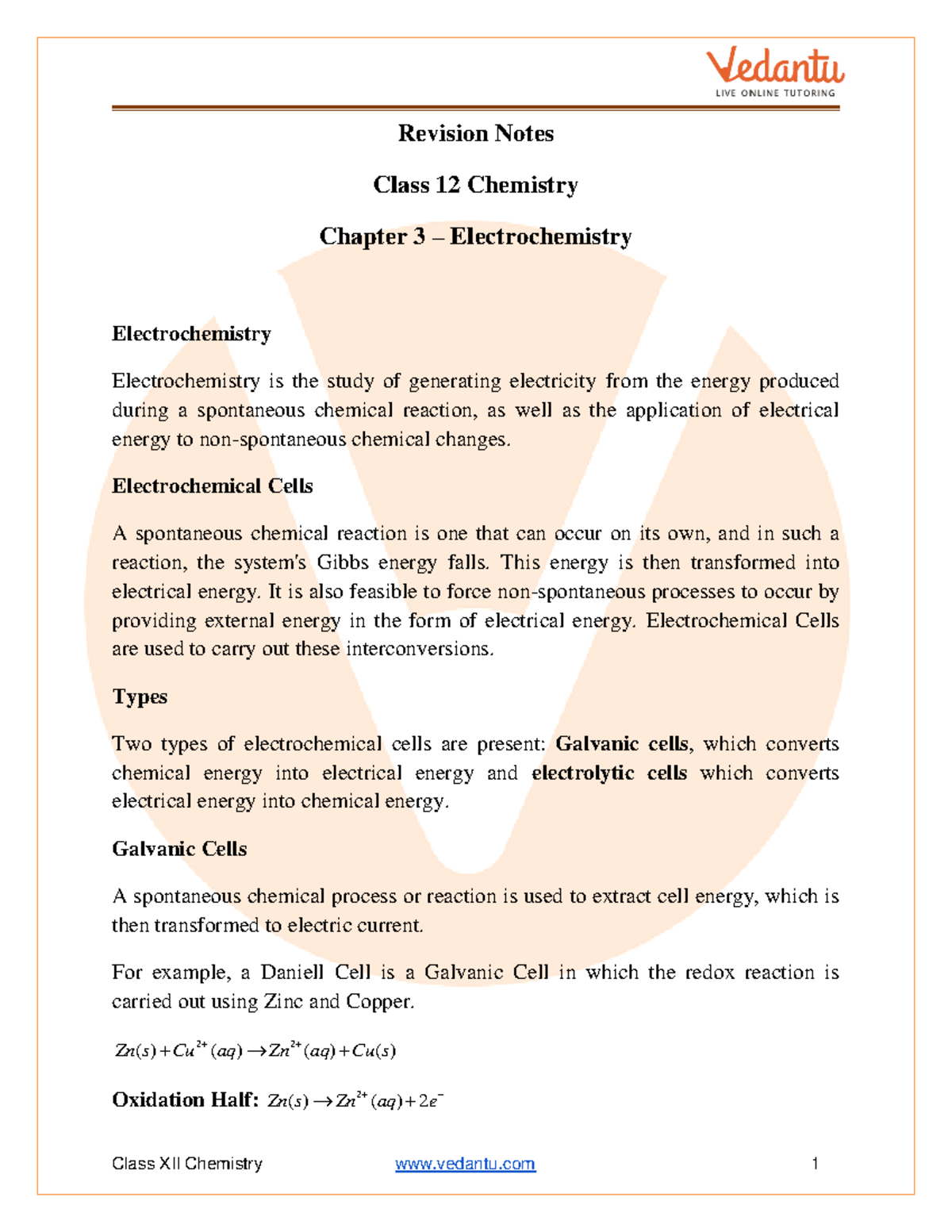 Class 12 Chemistry Revision Notes Electrochemistry - Revision Notes ...