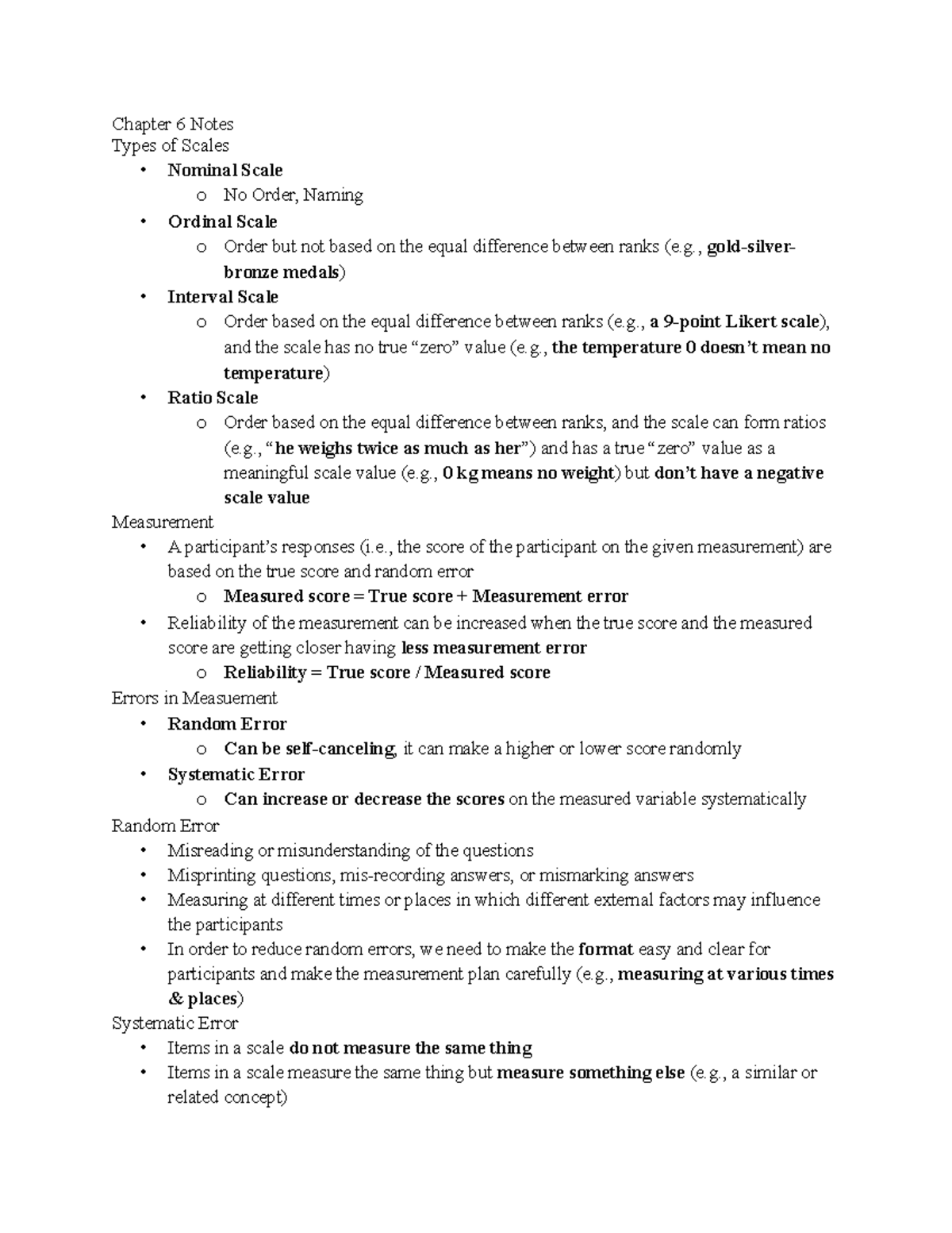 Chapter 6 Notes - Chapter 6 Notes Types of Scales - Nominal Scale o No ...