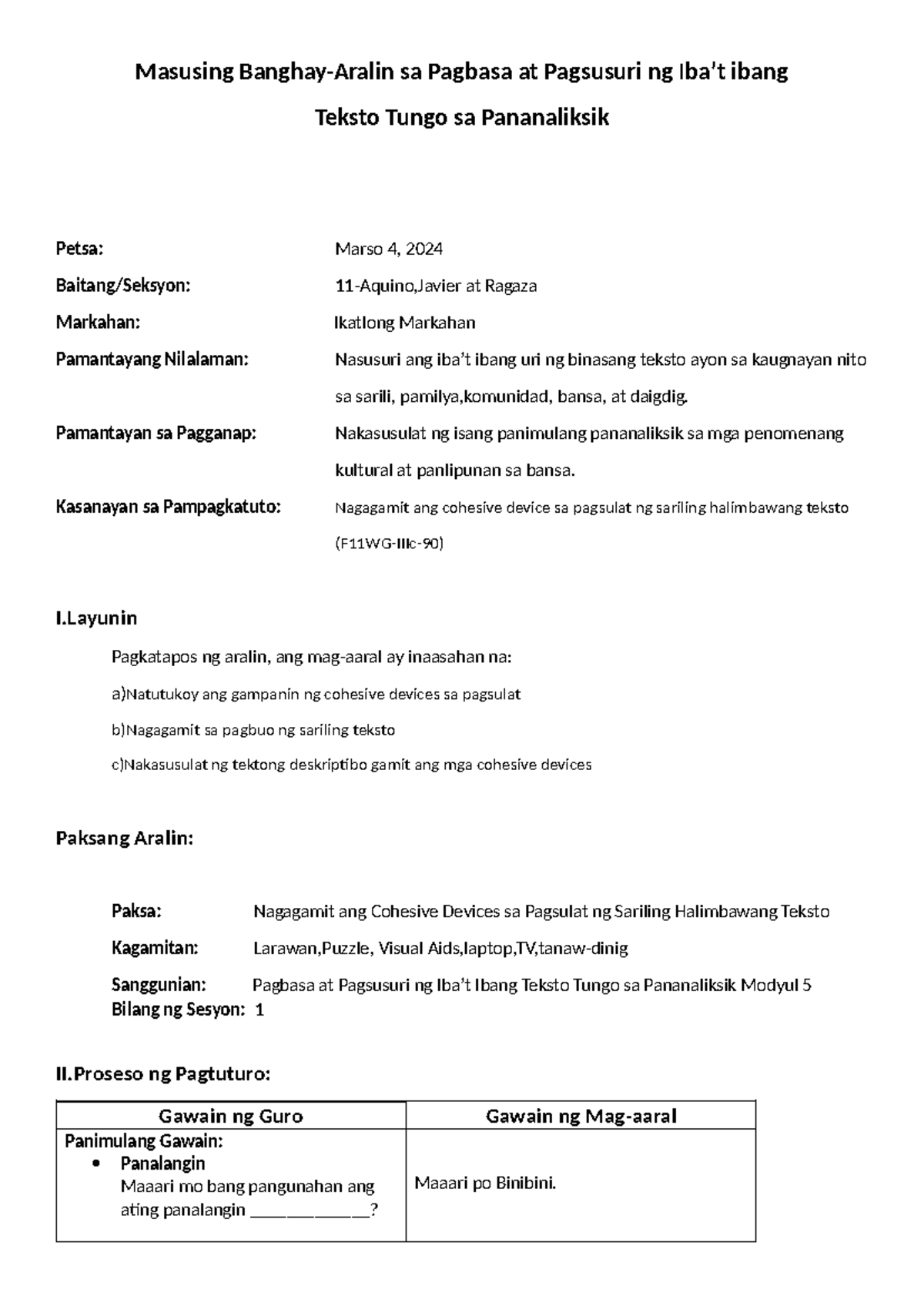 Lp Module 5 Lesson Plan Masusing Banghay Aralin Sa Pagbasa At Pagsusuri Ng Ibat Ibang 6804