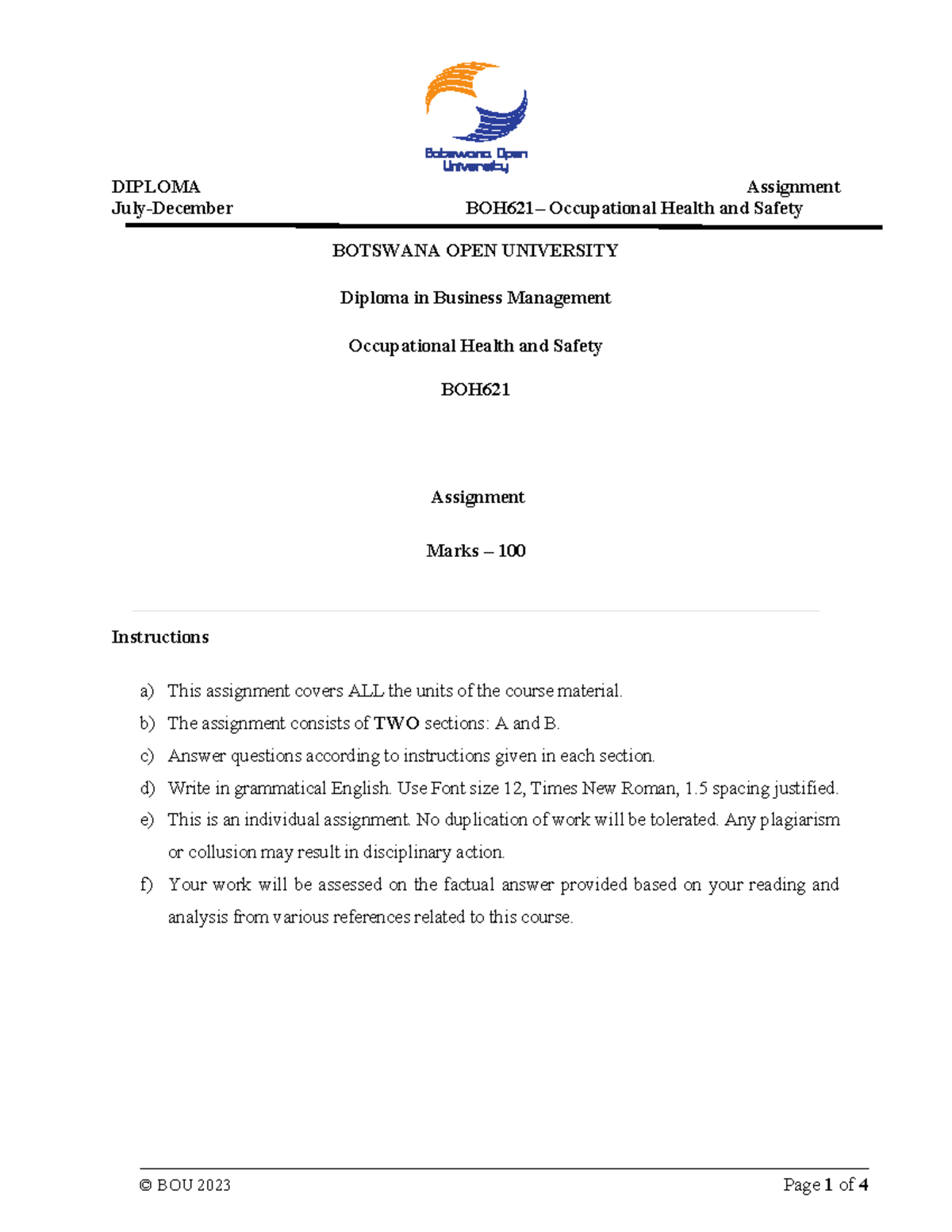 BOH 621 Assignment 2023 final JulyDecember BOH621 Occupational