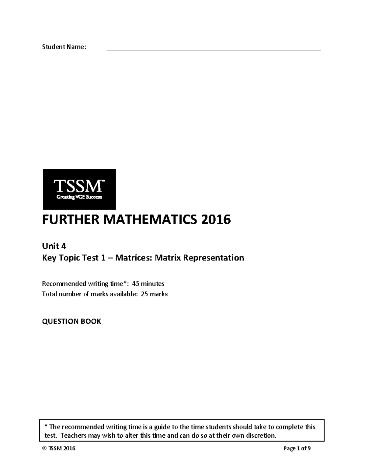 2016 Further Maths KTT 1 Matrix Representation - Questions - Student ...
