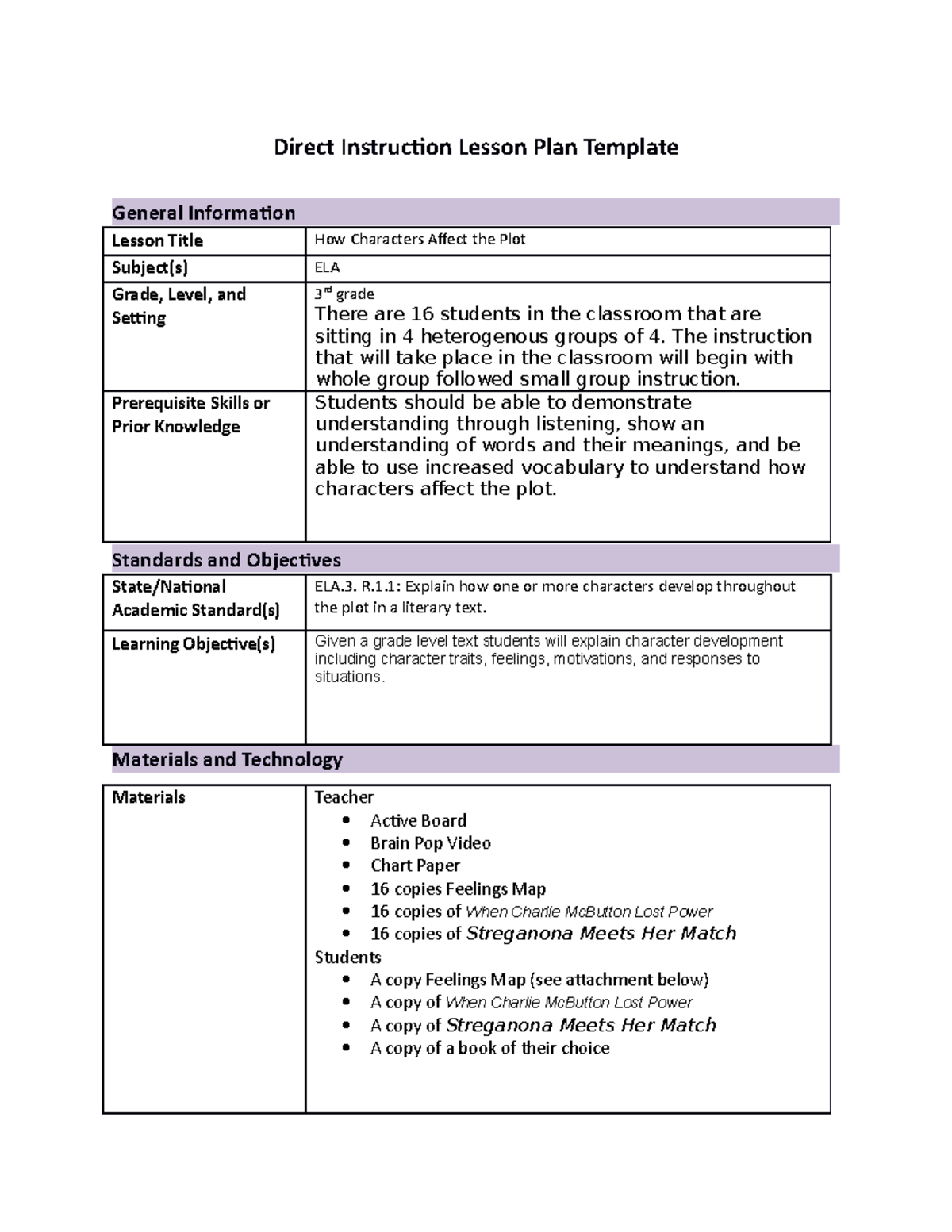 Story Elements Lesson Plan Direct Instruction Lesson Plan Template 