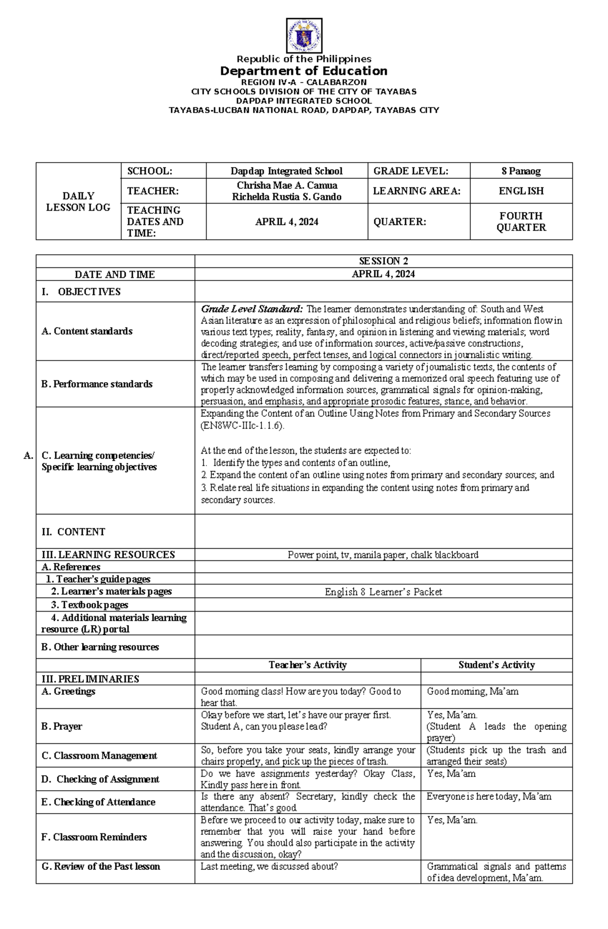 English 8 Q4 Week 1 2 - Republic of the Philippines Department of ...