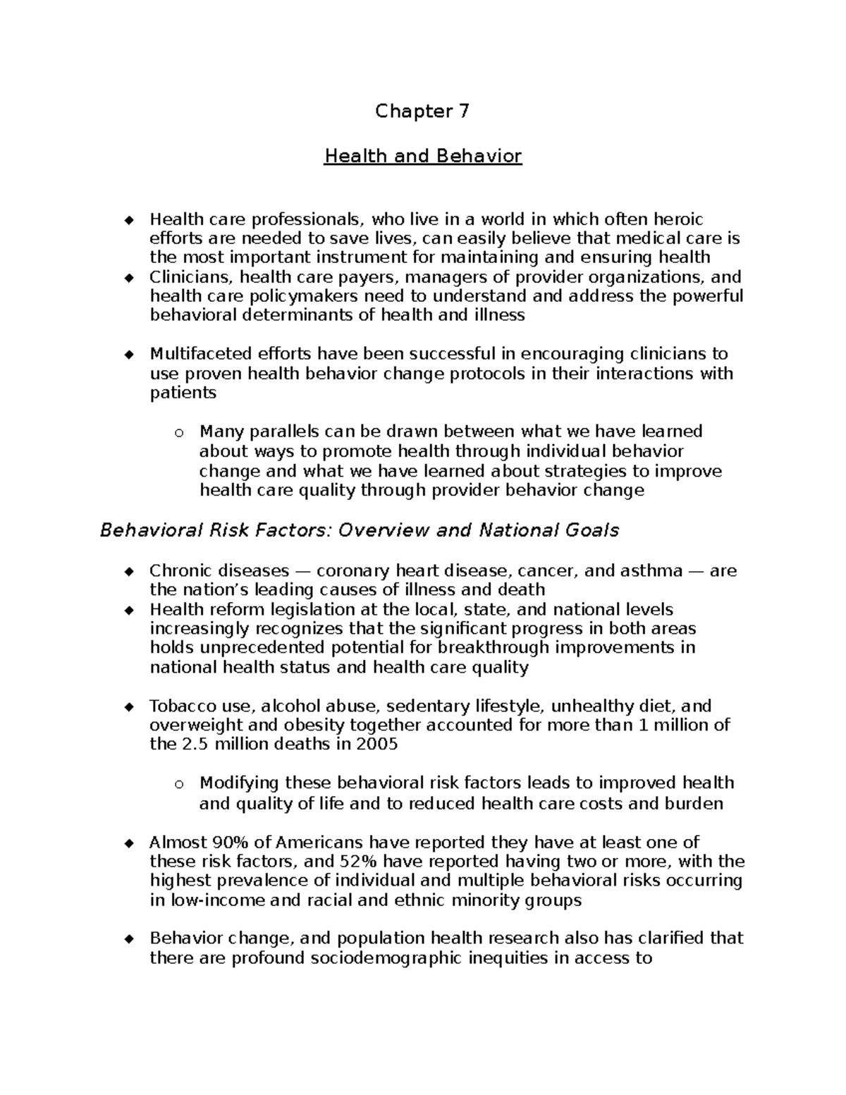 HPM Chapter 7 Notes - Chapter 7 Health And Behavior Health Care ...