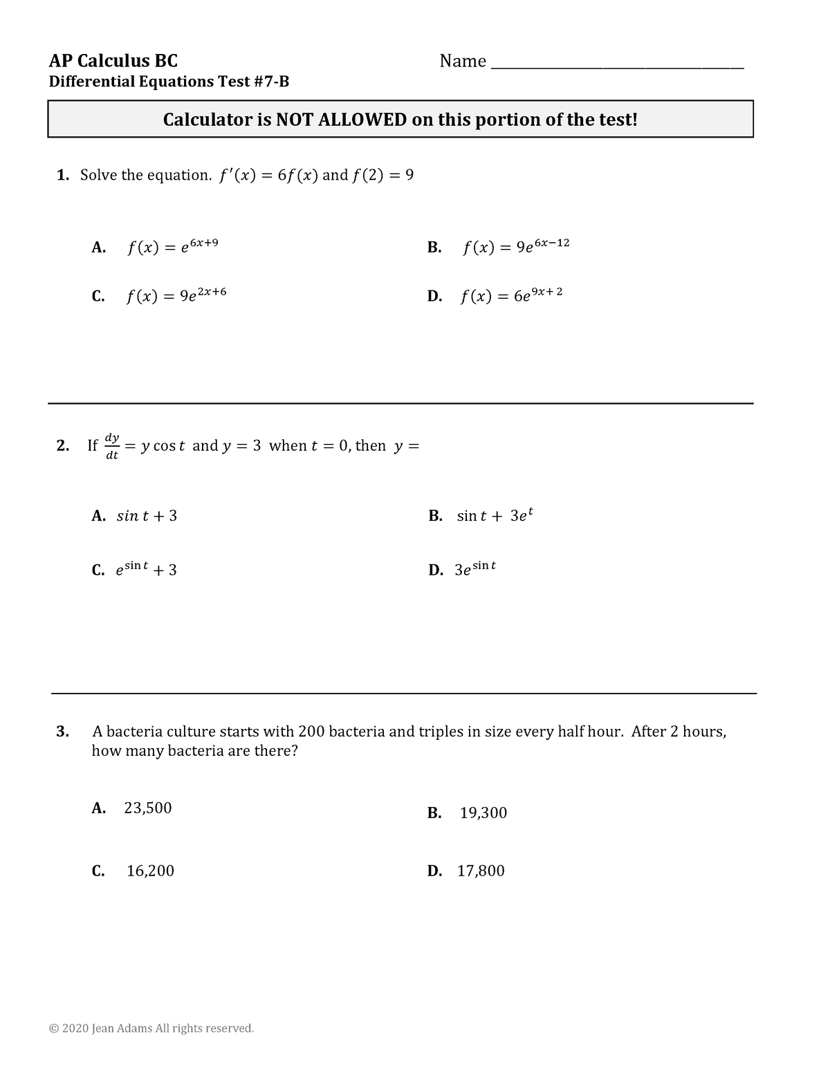 Unit 7 BC AP Test 7B Test similar to ap calculus bc questions. Covers