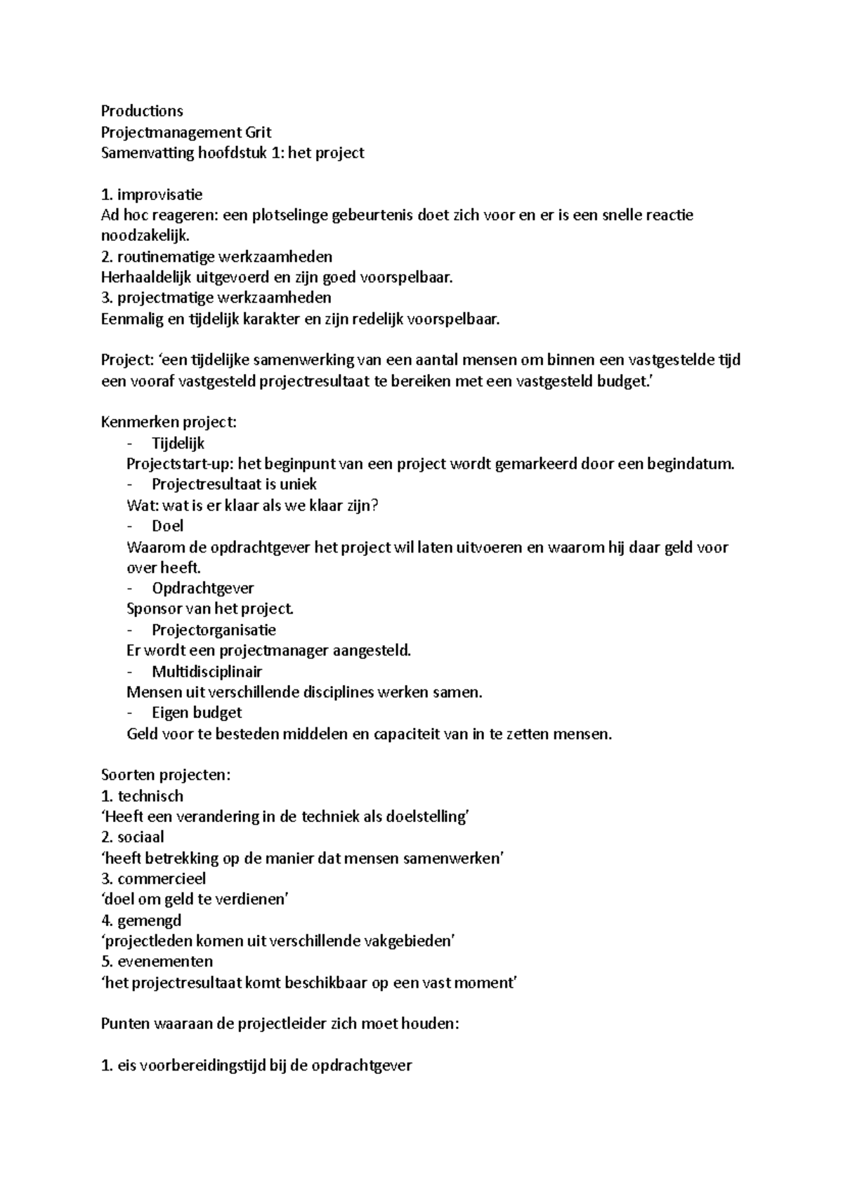 Samenvatting Boek Projectmanagement Roel Grit - Productions ...