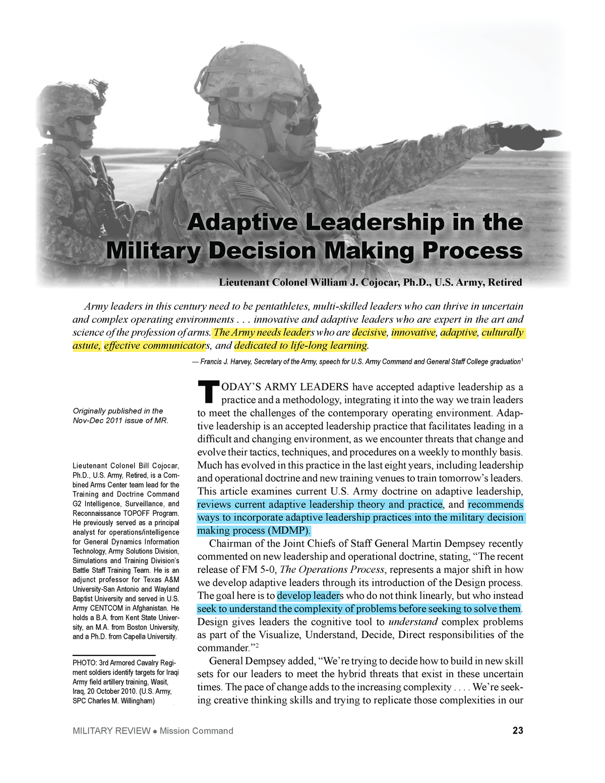 Adaptive Leadership in the MDMP - T ODAY’S ARMY LEADERS have accepted ...