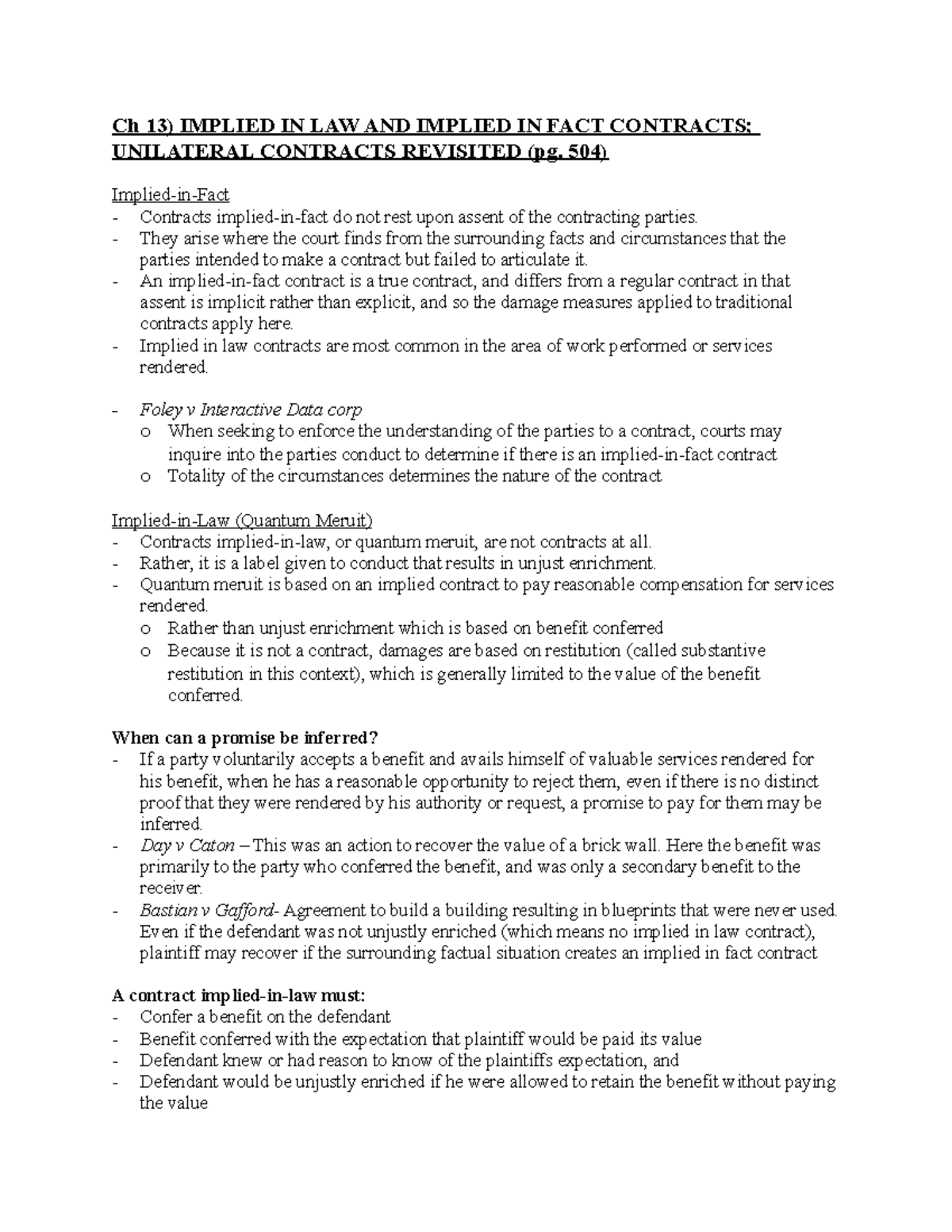 Contracts Law Outline 1 Ch 13) IMPLIED IN LAW AND IMPLIED IN FACT