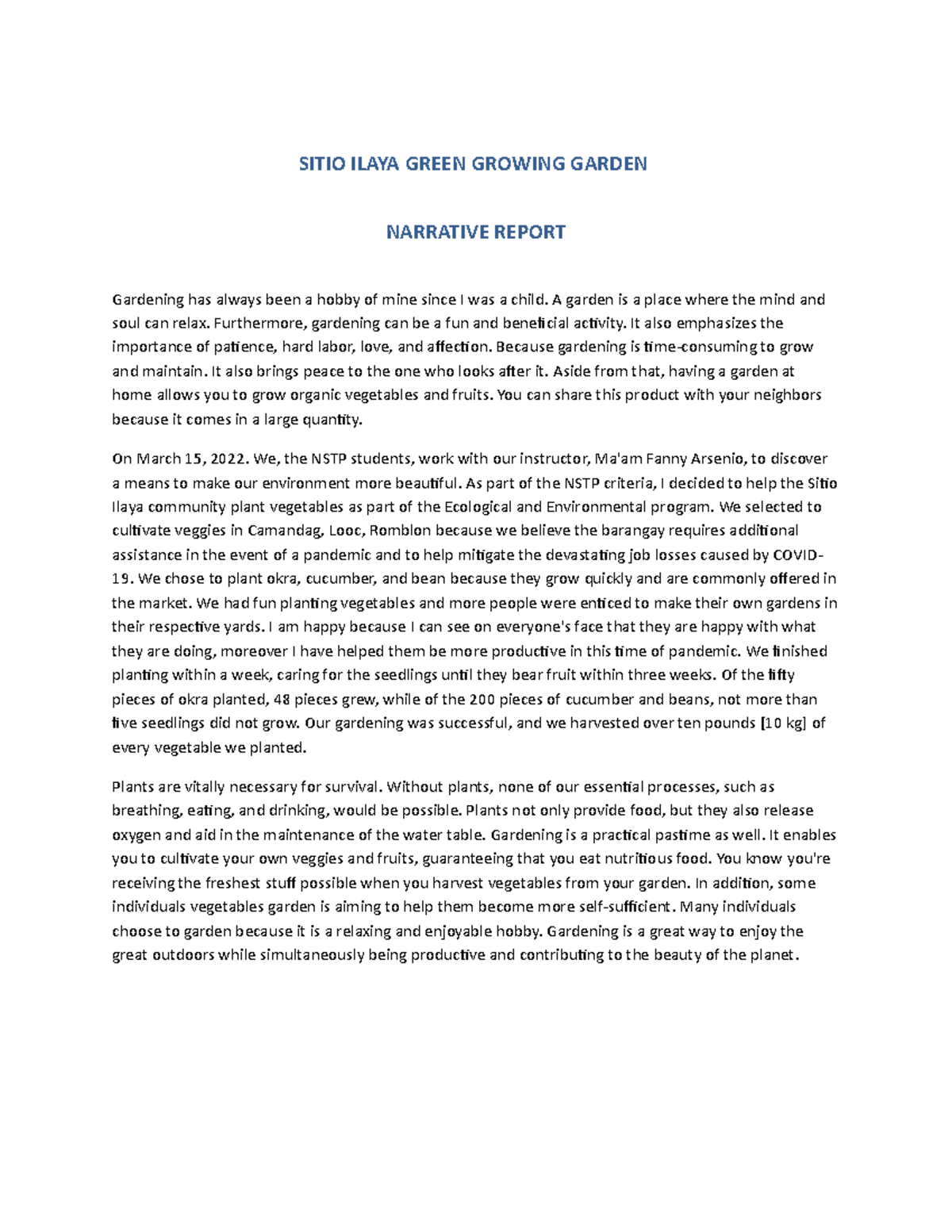 Narrative Report SITIO ILAYA GREEN GROWING GARDEN NARRATIVE REPORT