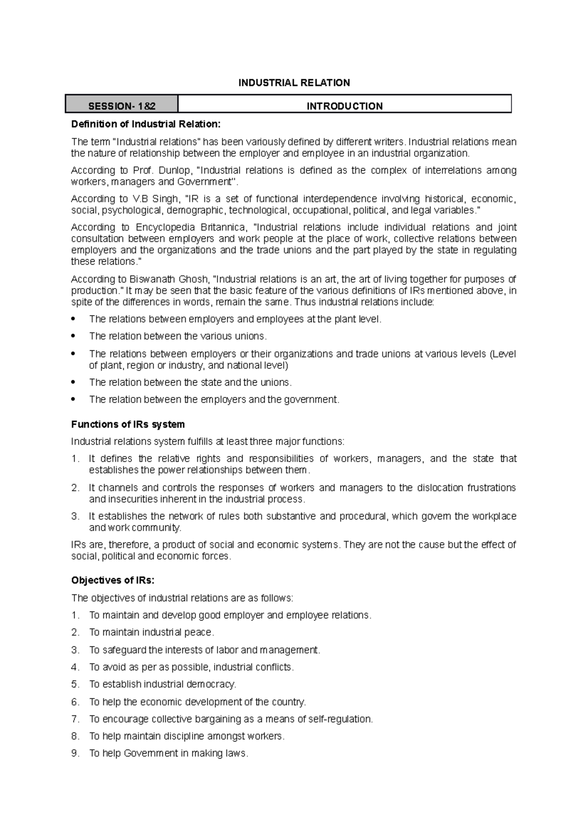 IR Handout - Most Important - INDUSTRIAL RELATION SESSION- 1&2 ...
